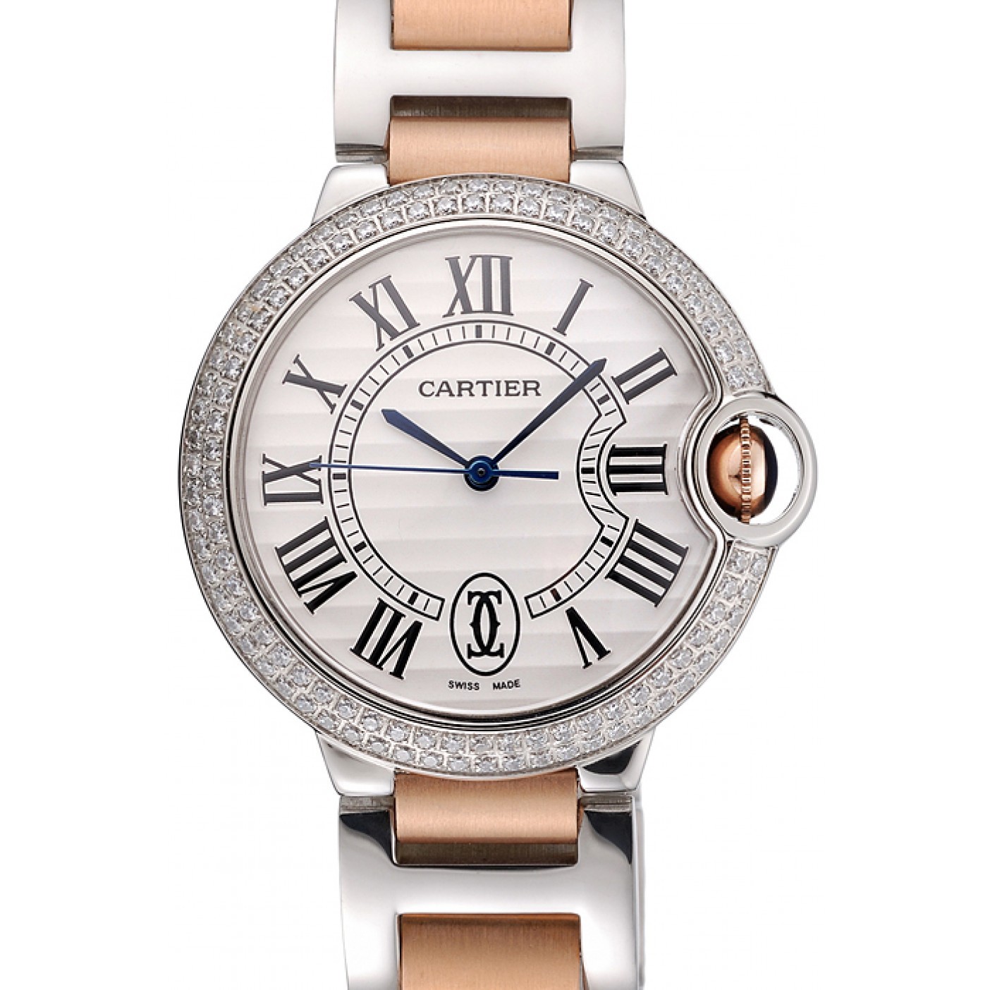MiroTime Swiss Ballon Blue De Cartier Diamond Steel Case White Dial Roman Numerals Two Tone Bracelet 622647