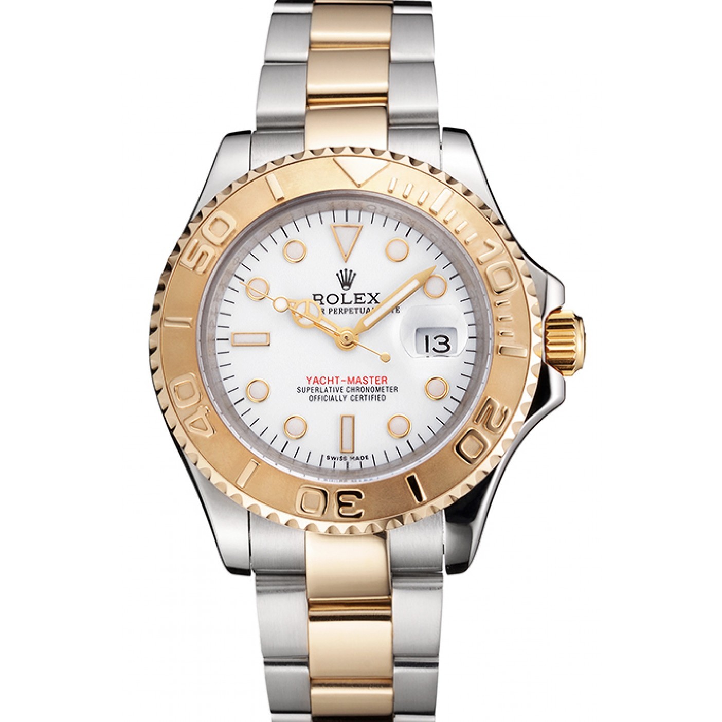 MiroTime Swiss Rolex Yacht-Master White Dial Gold Bezel Stainless Steel Case Two Tone Bracelet