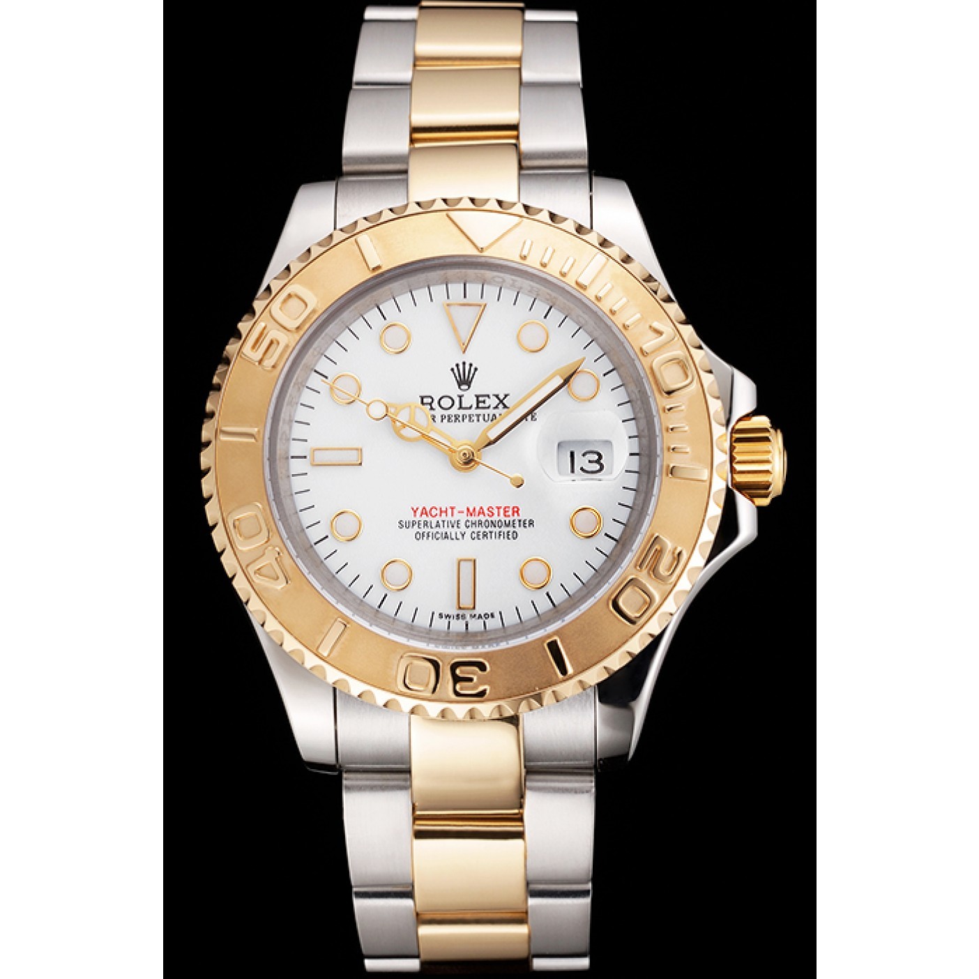 MiroTime Swiss Rolex Yacht-Master White Dial Gold Bezel Stainless Steel Case Two Tone Bracelet