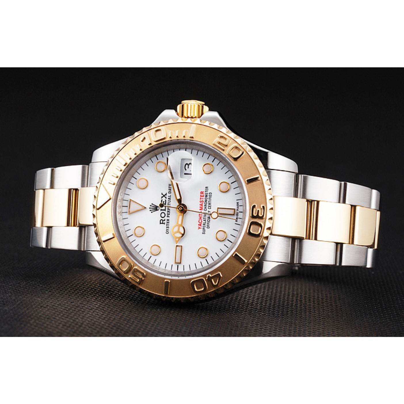MiroTime Swiss Rolex Yacht-Master White Dial Gold Bezel Stainless Steel Case Two Tone Bracelet