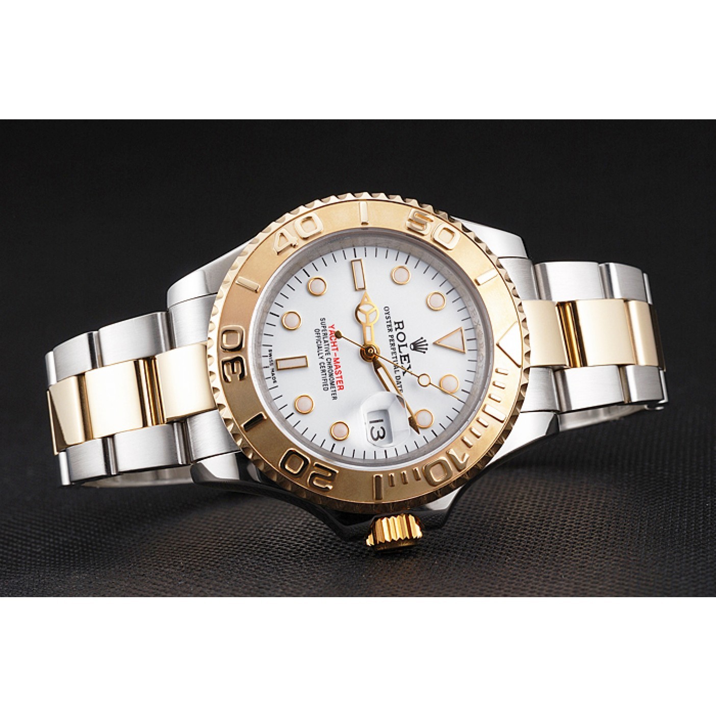 MiroTime Swiss Rolex Yacht-Master White Dial Gold Bezel Stainless Steel Case Two Tone Bracelet