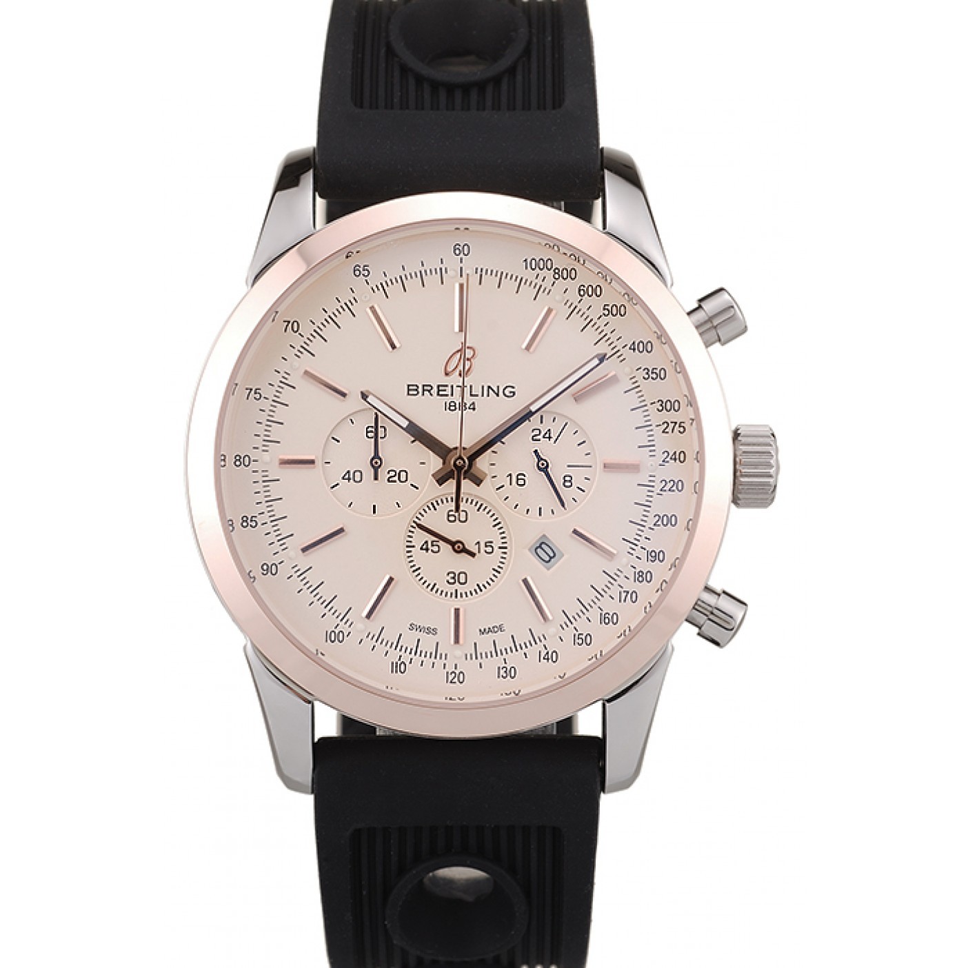 MiroTime Breitling Transocean White Dial Black Rubber Strap Rose Gold Bezel