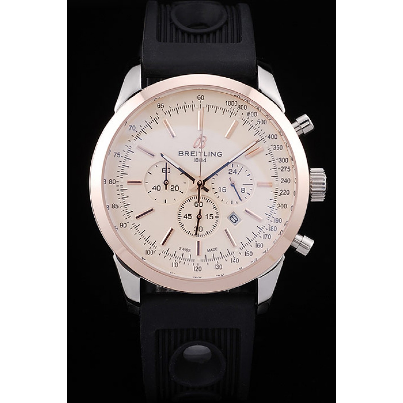 MiroTime Breitling Transocean White Dial Black Rubber Strap Rose Gold Bezel