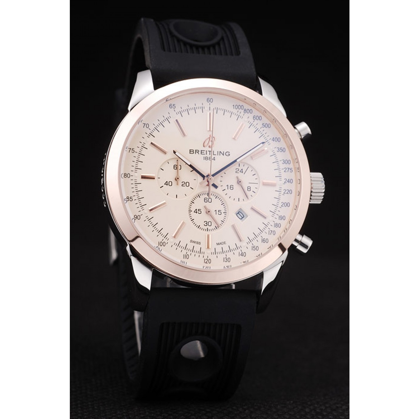 MiroTime Breitling Transocean White Dial Black Rubber Strap Rose Gold Bezel
