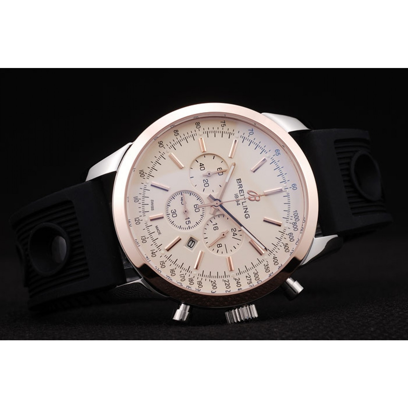 MiroTime Breitling Transocean White Dial Black Rubber Strap Rose Gold Bezel