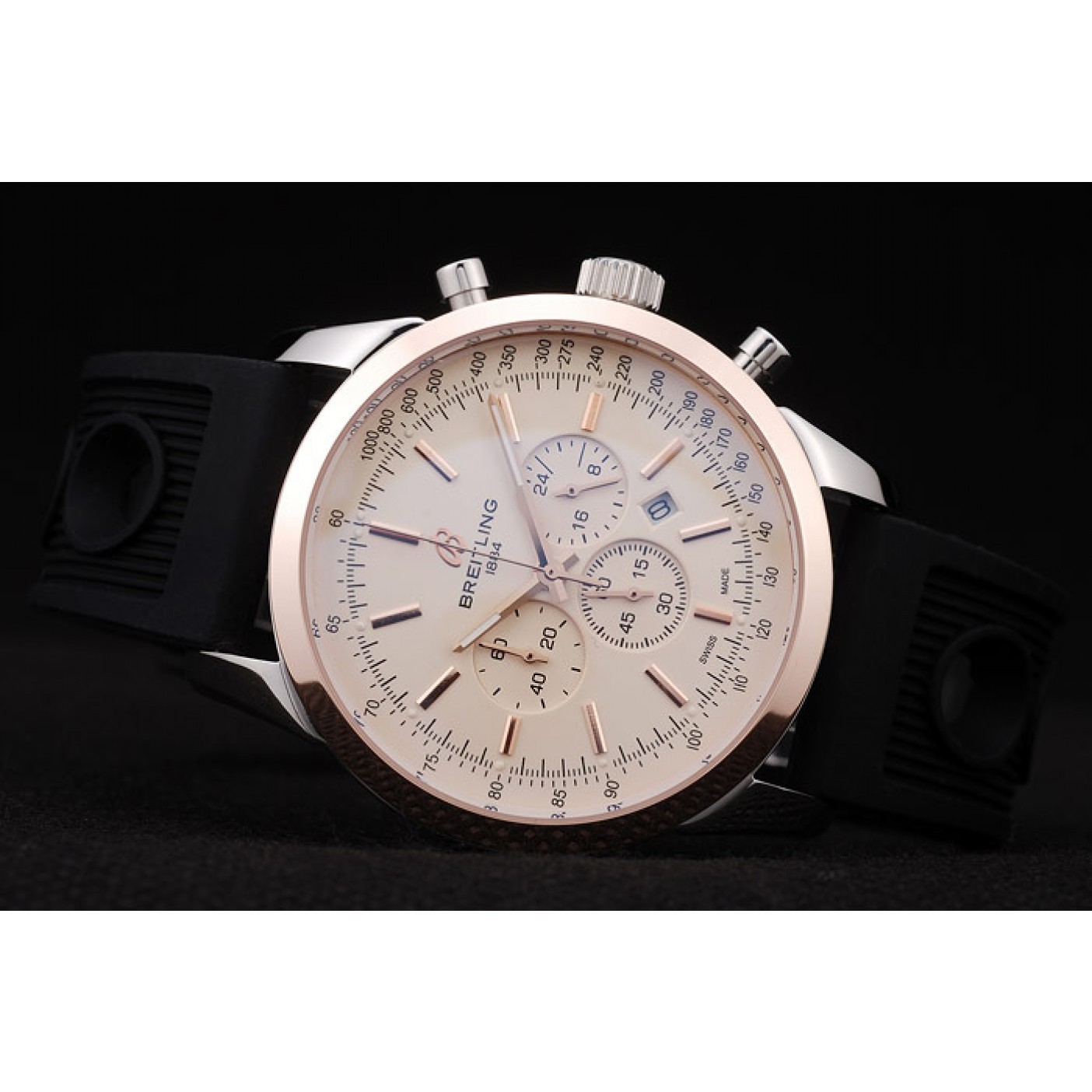 MiroTime Breitling Transocean White Dial Black Rubber Strap Rose Gold Bezel