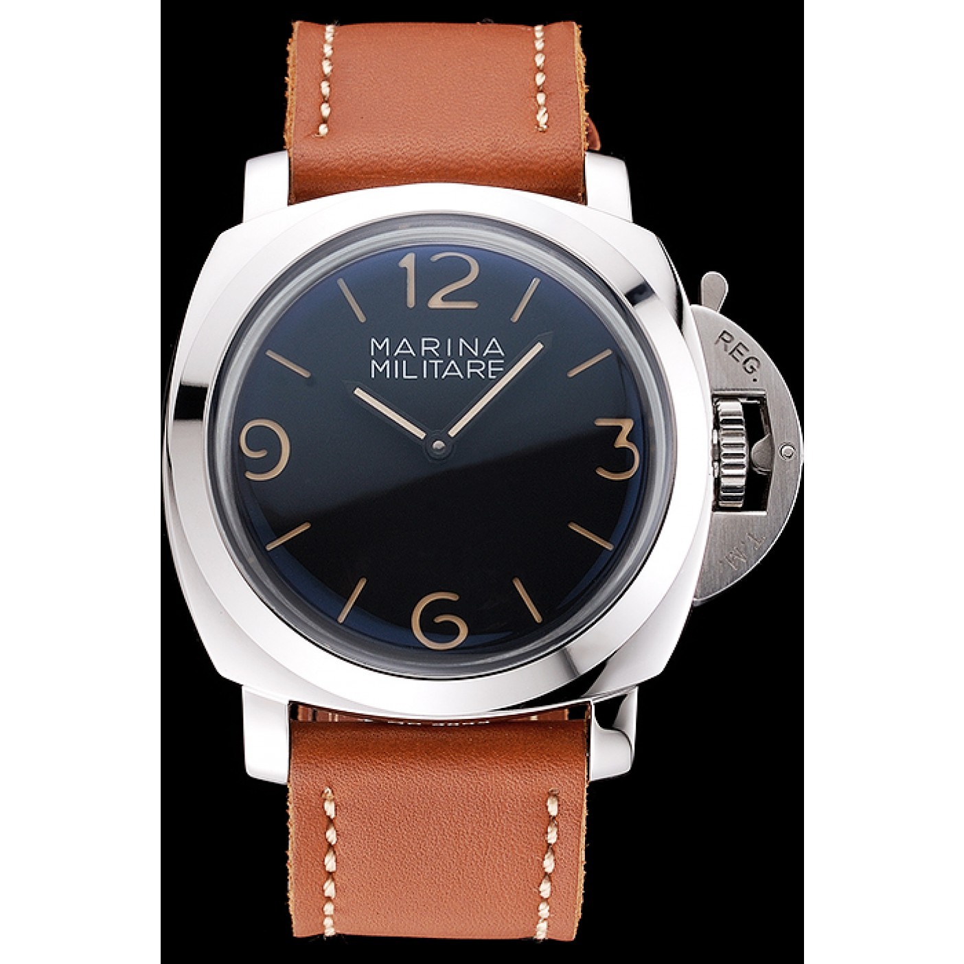 MiroTime Panerai Radiomir Brushed Stainless Steel Case Black Dial Brown Leather Strap