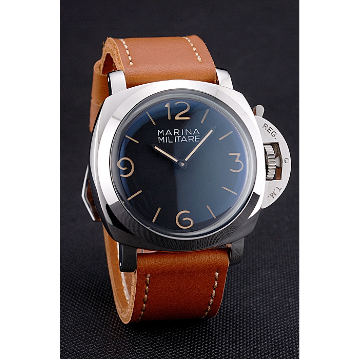MiroTime Panerai Radiomir Brushed Stainless Steel Case Black Dial Brown Leather Strap