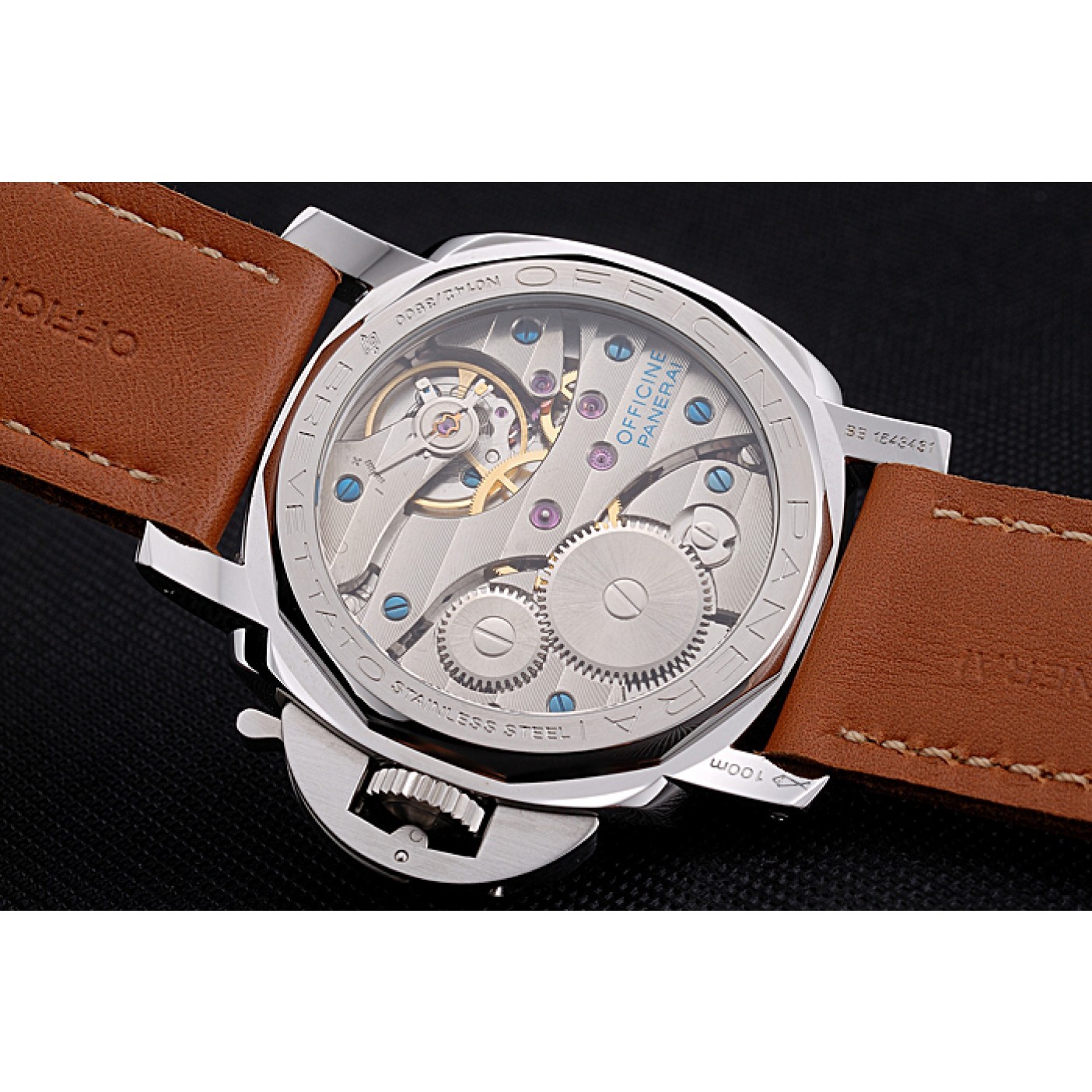 MiroTime Panerai Radiomir Brushed Stainless Steel Case Black Dial Brown Leather Strap