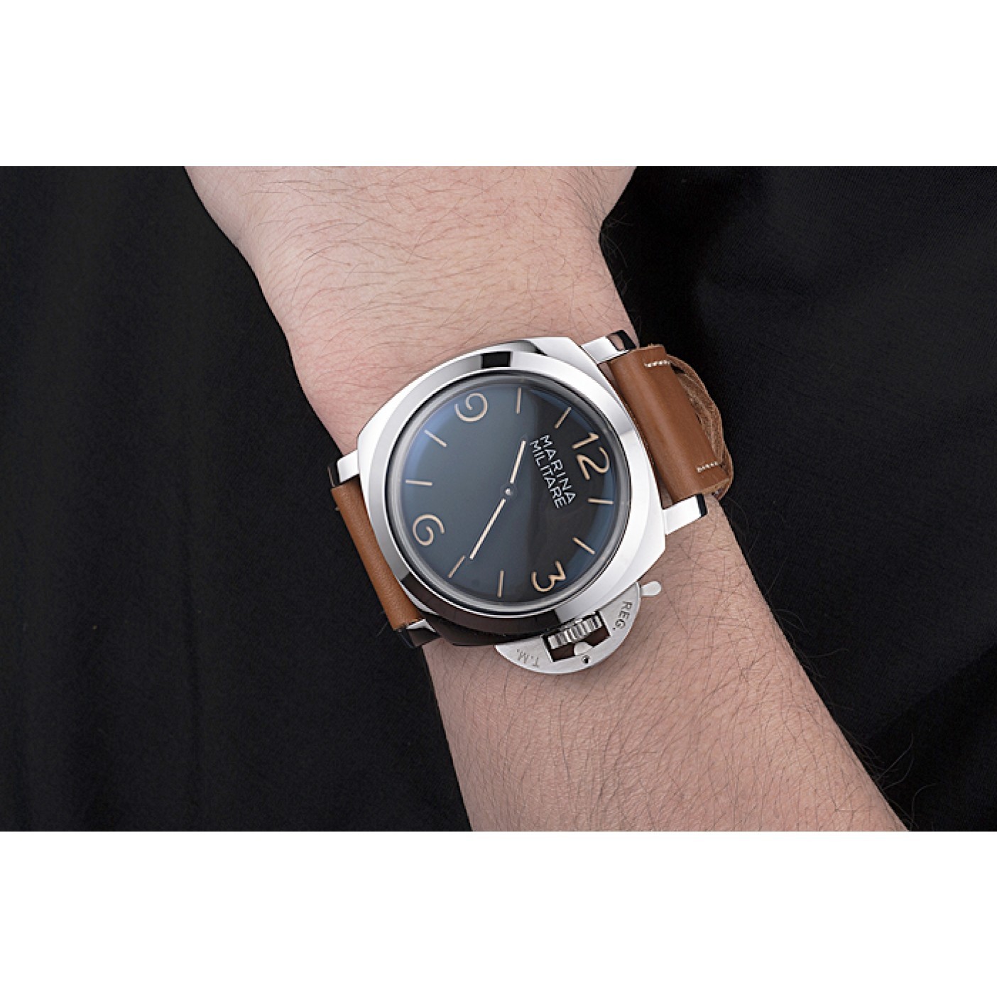 MiroTime Panerai Radiomir Brushed Stainless Steel Case Black Dial Brown Leather Strap
