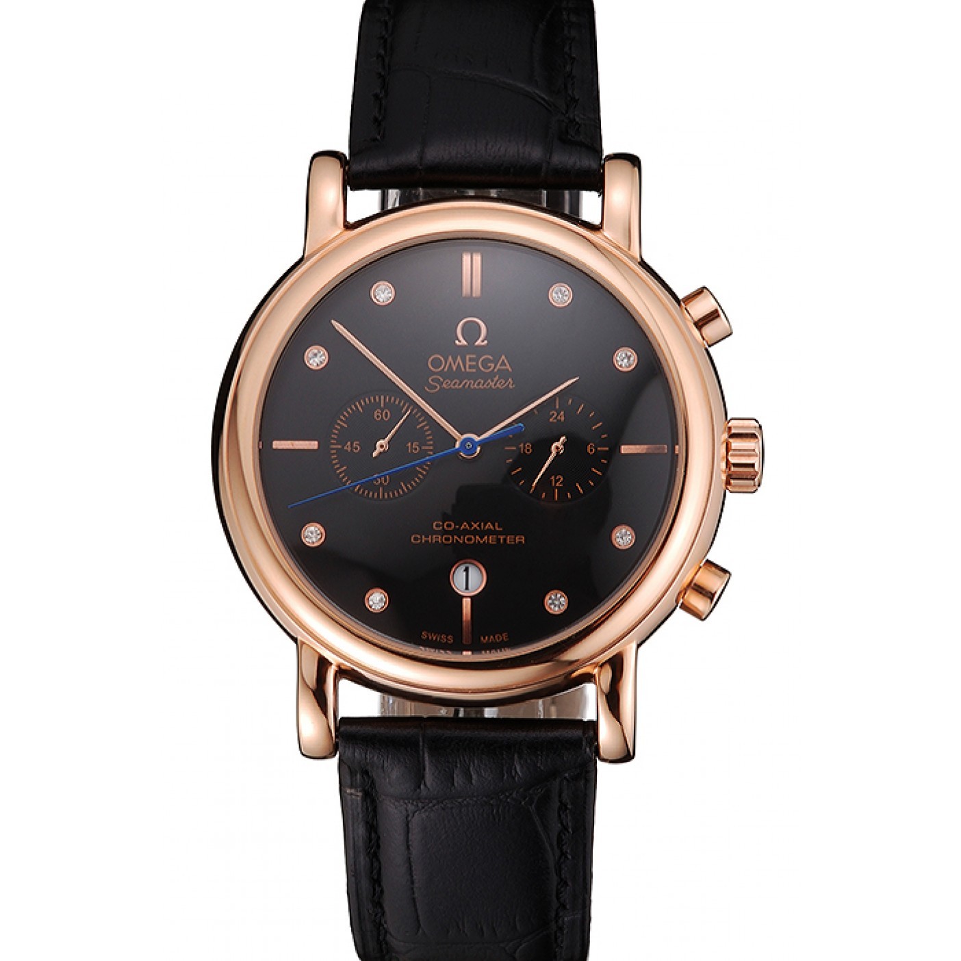 MiroTime Omega Seamaster Vintage Chronograph Black Dial Diamond Hour Marks Rose Gold Case Black Leather Strap