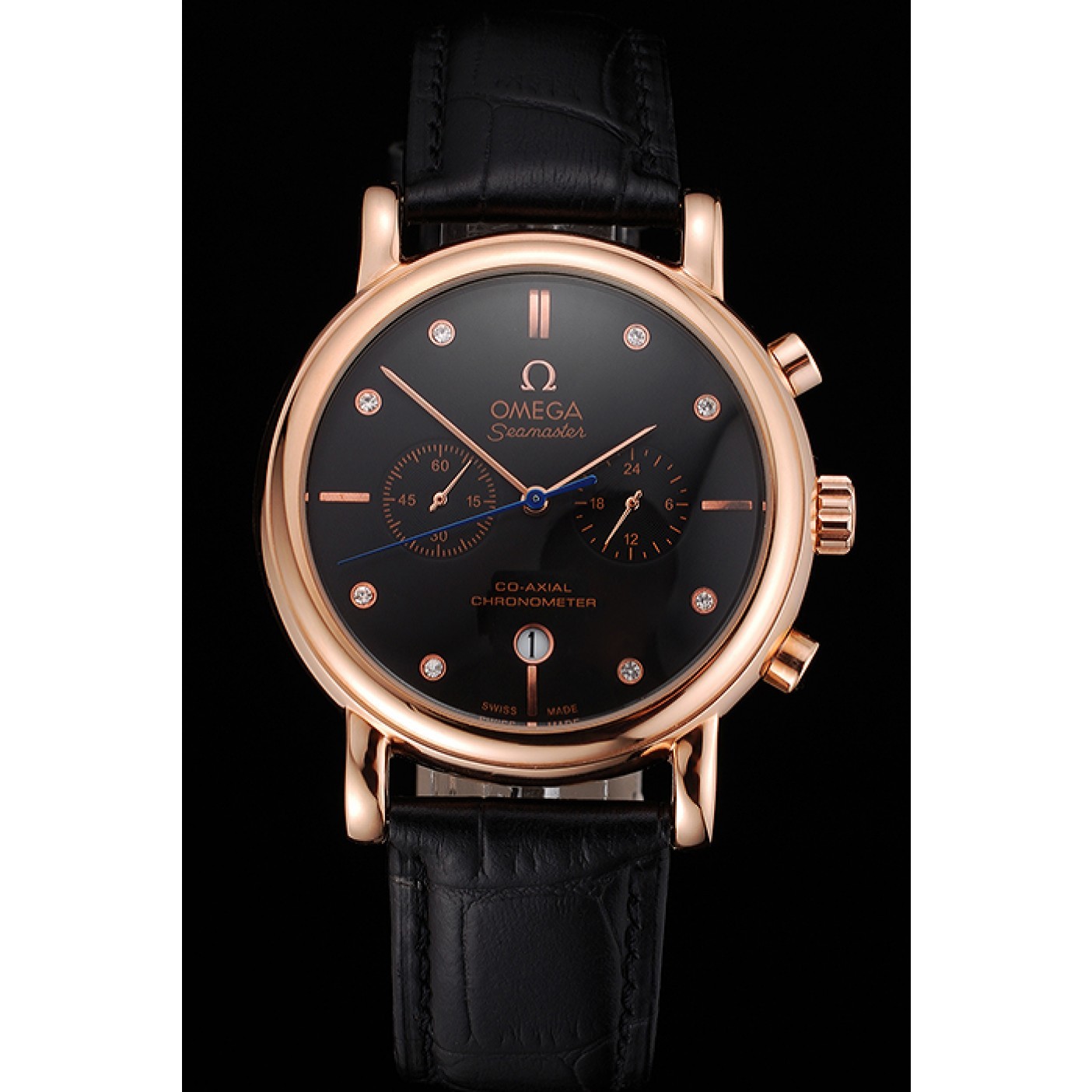 MiroTime Omega Seamaster Vintage Chronograph Black Dial Diamond Hour Marks Rose Gold Case Black Leather Strap