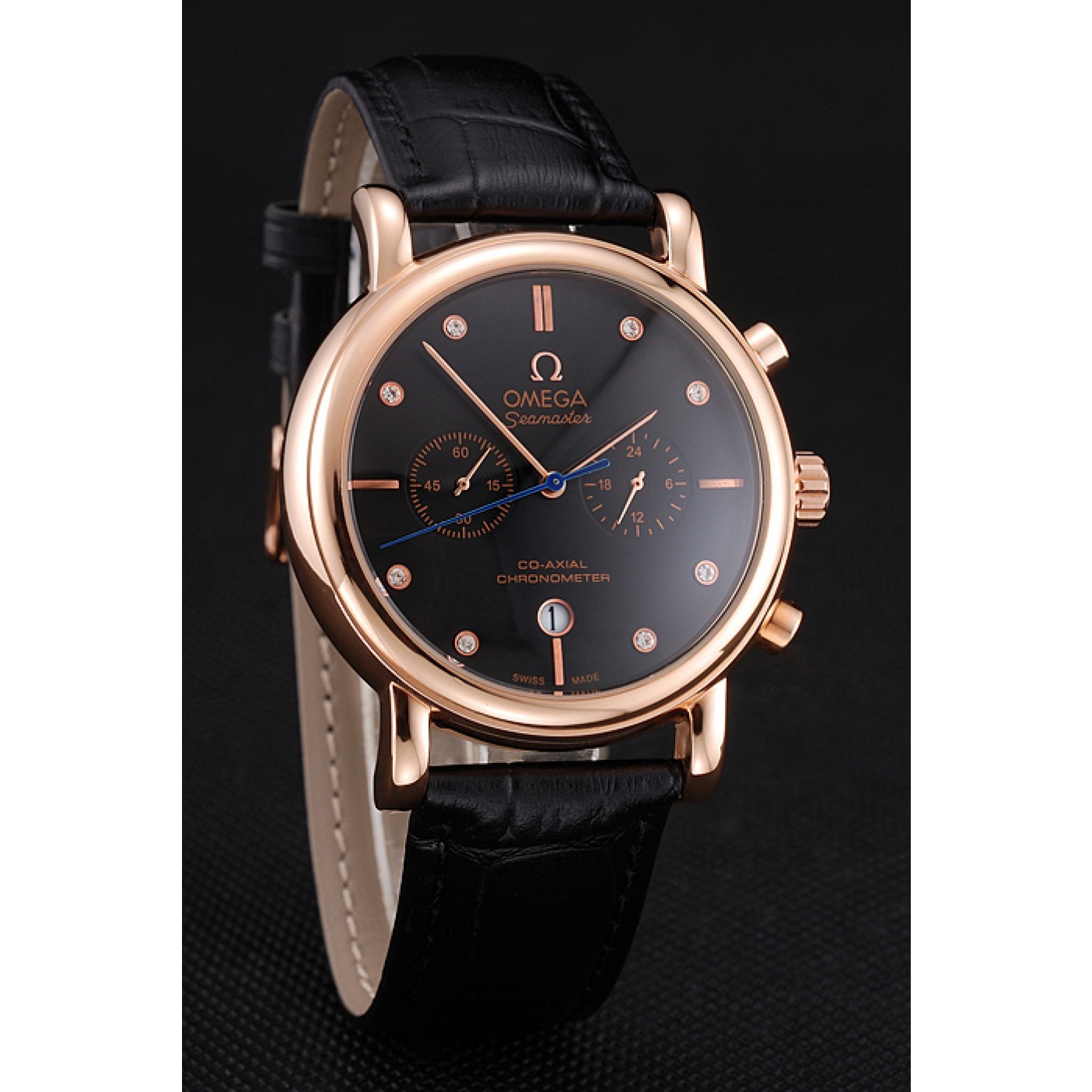 MiroTime Omega Seamaster Vintage Chronograph Black Dial Diamond Hour Marks Rose Gold Case Black Leather Strap