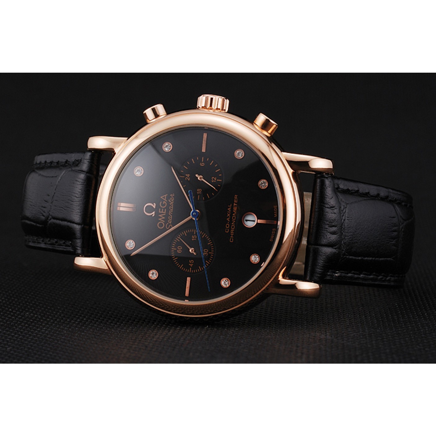 MiroTime Omega Seamaster Vintage Chronograph Black Dial Diamond Hour Marks Rose Gold Case Black Leather Strap