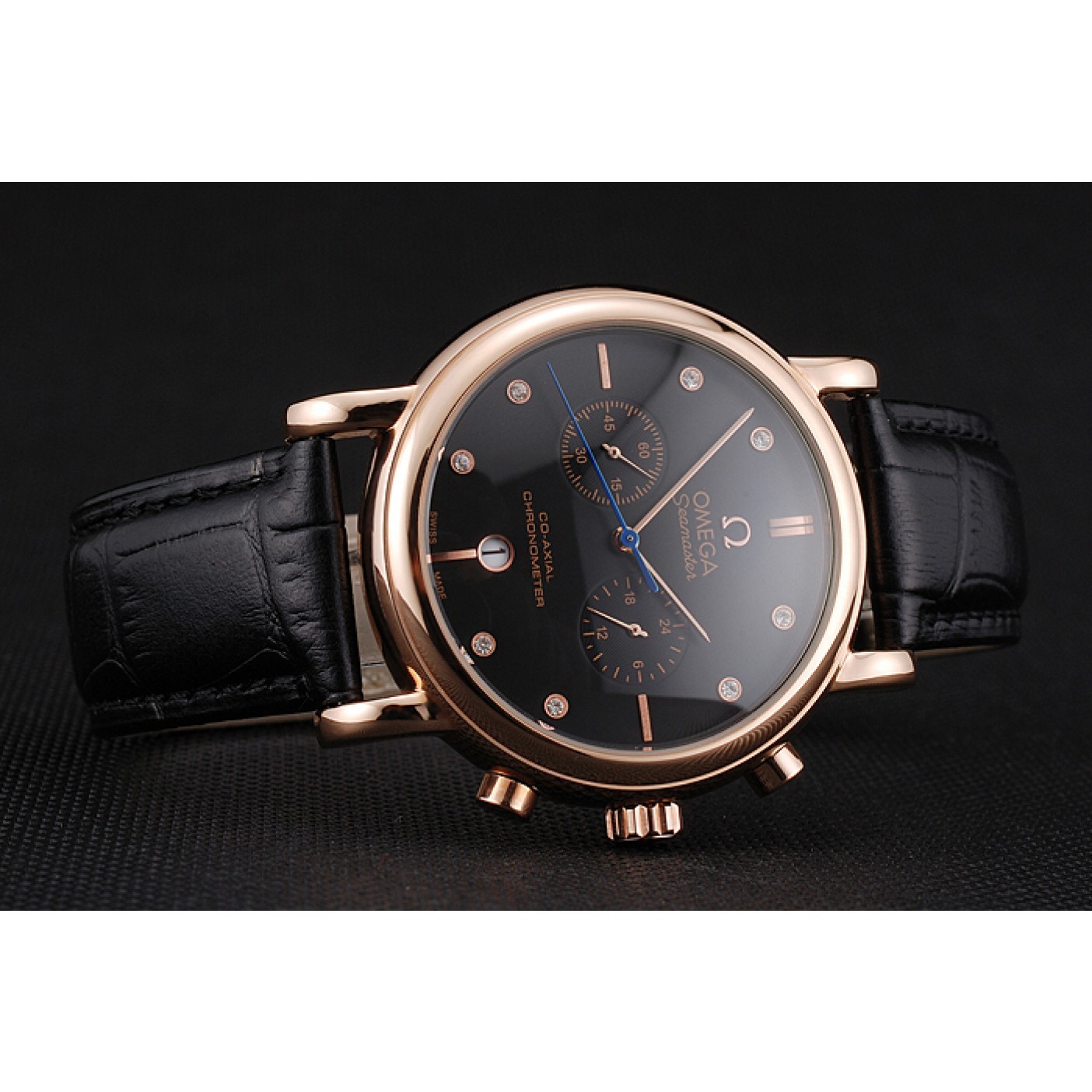 MiroTime Omega Seamaster Vintage Chronograph Black Dial Diamond Hour Marks Rose Gold Case Black Leather Strap
