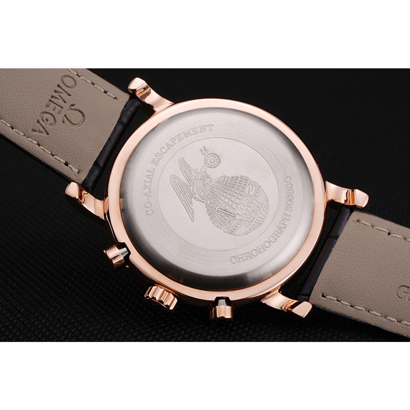 MiroTime Omega Seamaster Vintage Chronograph Black Dial Diamond Hour Marks Rose Gold Case Black Leather Strap