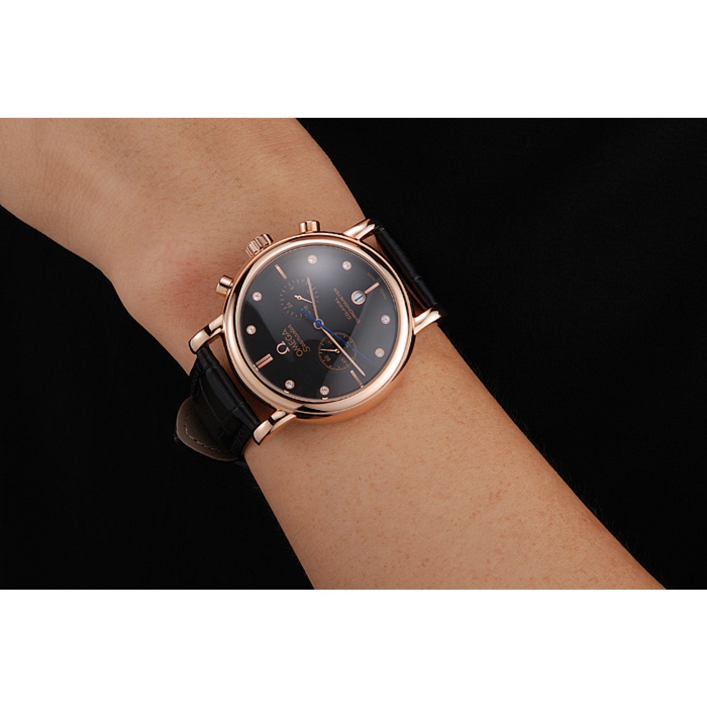 MiroTime Omega Seamaster Vintage Chronograph Black Dial Diamond Hour Marks Rose Gold Case Black Leather Strap