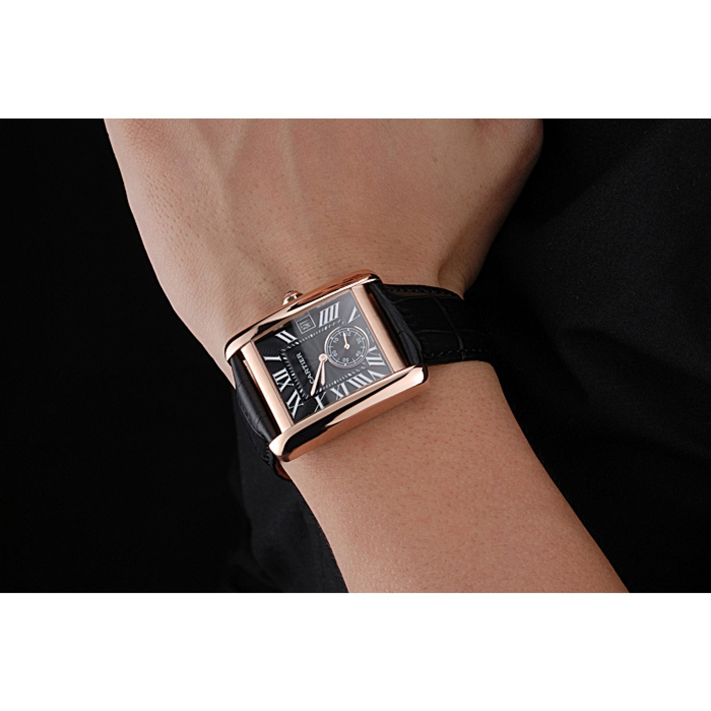 MiroTime Cartier Tank MC Black Dial Gold Case Black Leather Strap 622580