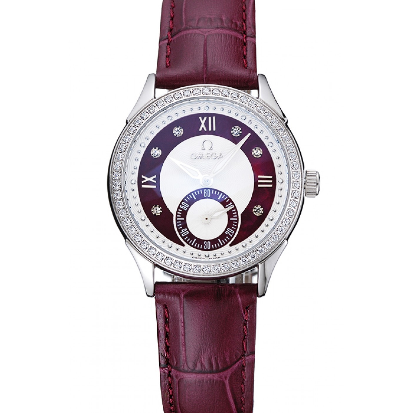 MiroTime Omega DeVille Prestige Dark Red Dial Silver Diamond Case Dark Red Leather Bracelet 1454121
