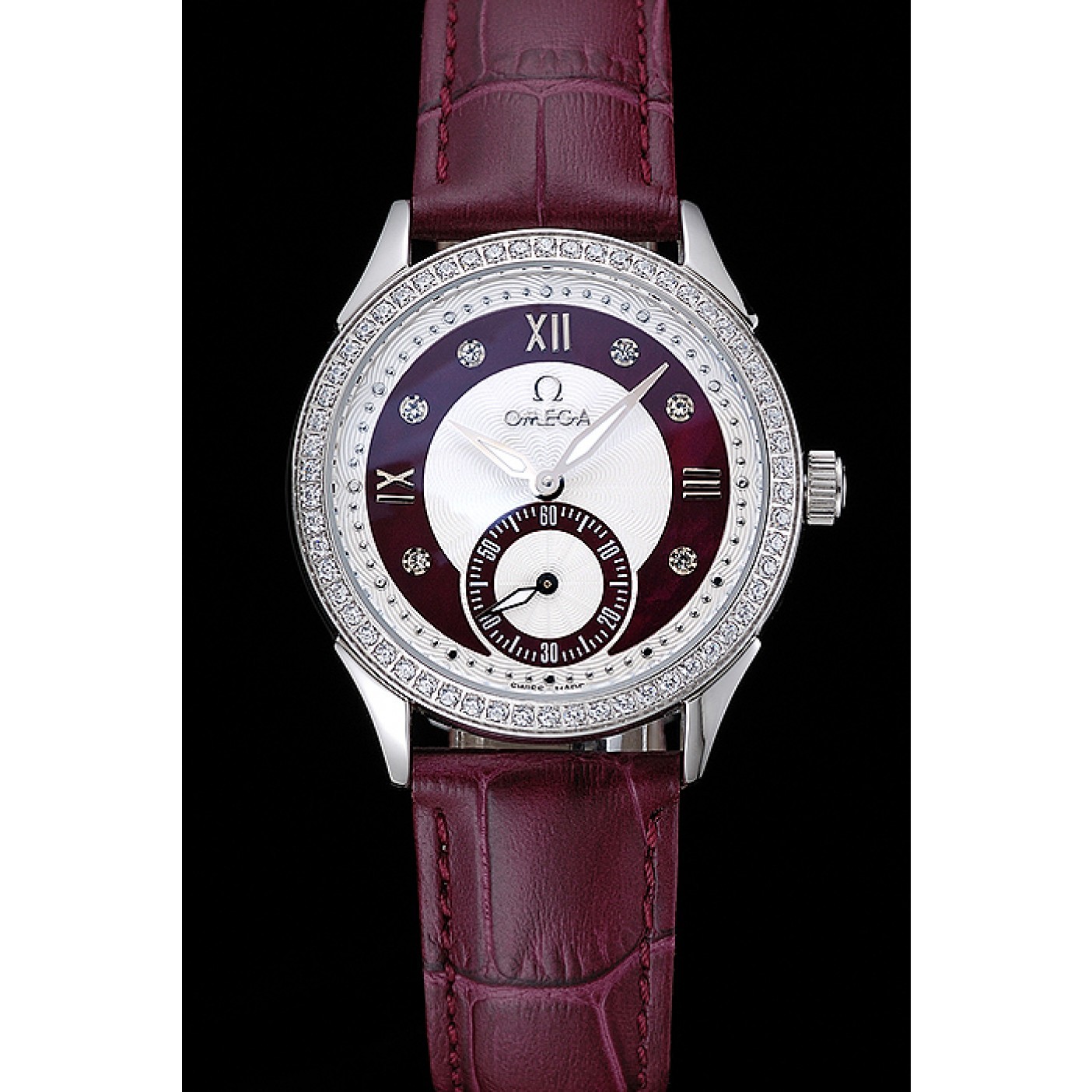 MiroTime Omega DeVille Prestige Dark Red Dial Silver Diamond Case Dark Red Leather Bracelet 1454121
