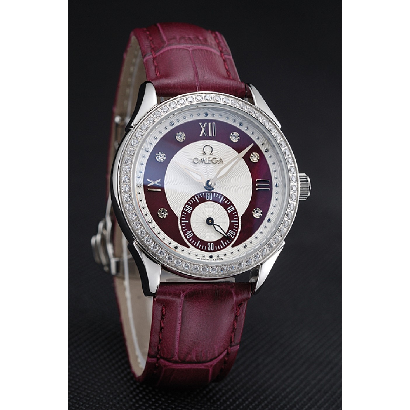 MiroTime Omega DeVille Prestige Dark Red Dial Silver Diamond Case Dark Red Leather Bracelet 1454121