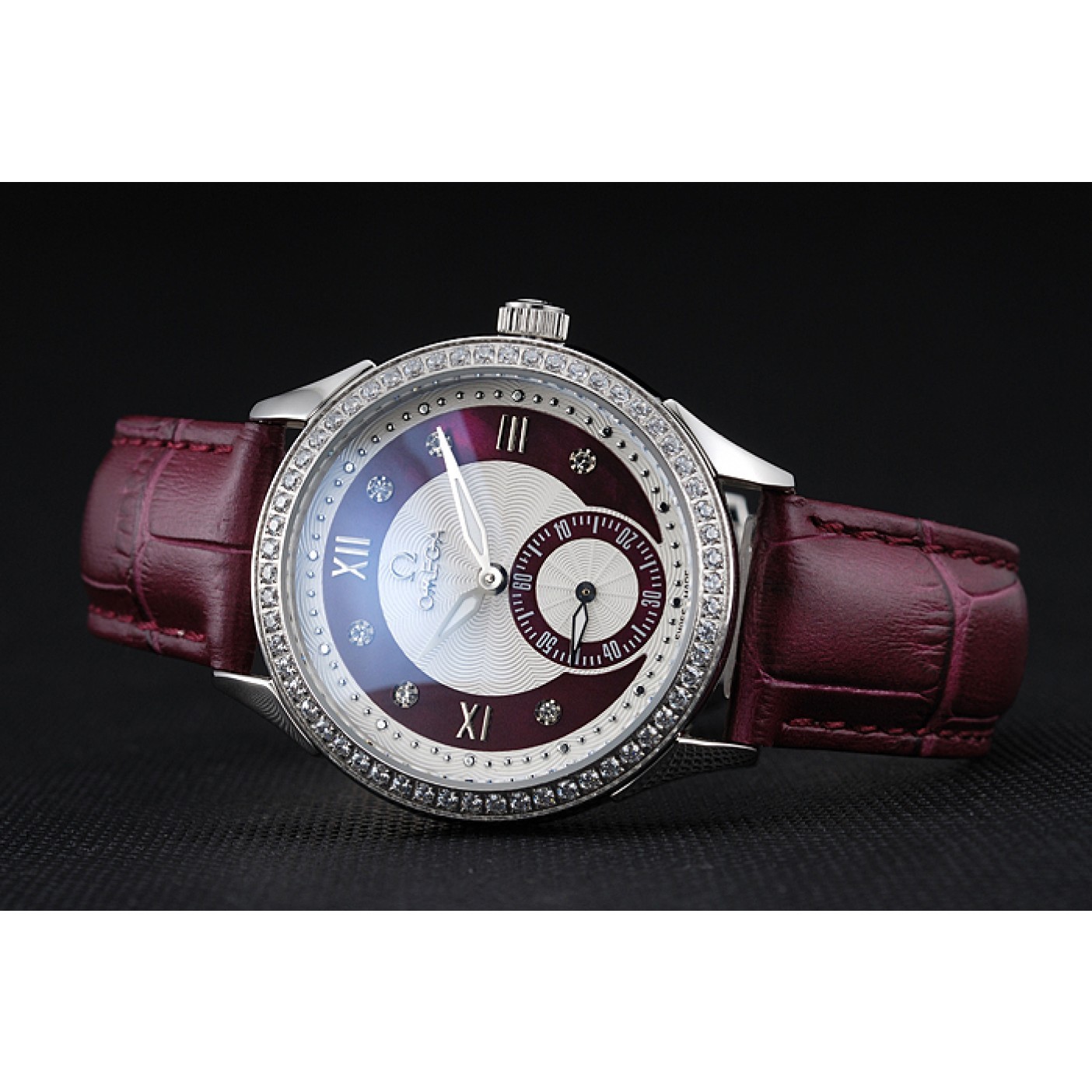 MiroTime Omega DeVille Prestige Dark Red Dial Silver Diamond Case Dark Red Leather Bracelet 1454121