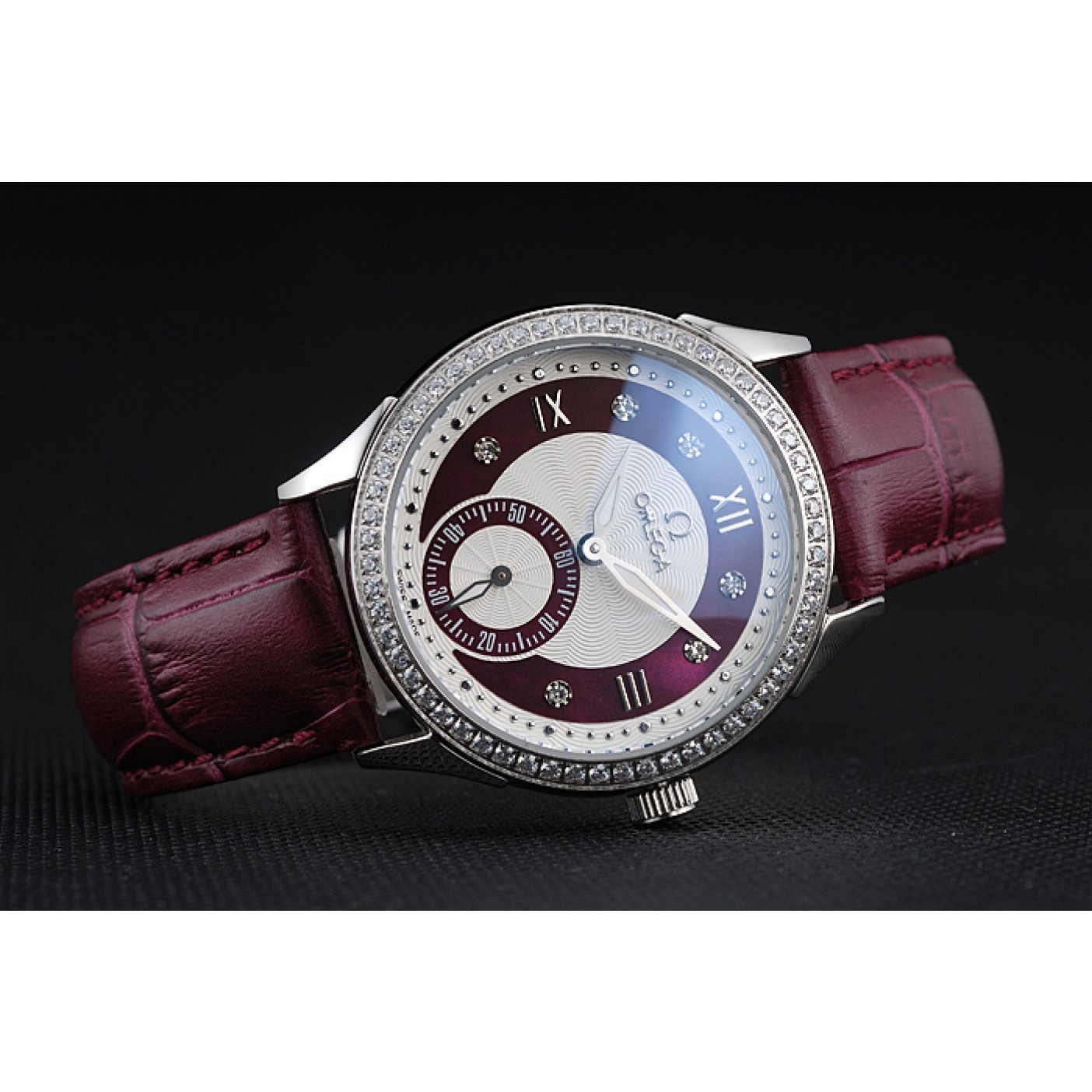 MiroTime Omega DeVille Prestige Dark Red Dial Silver Diamond Case Dark Red Leather Bracelet 1454121