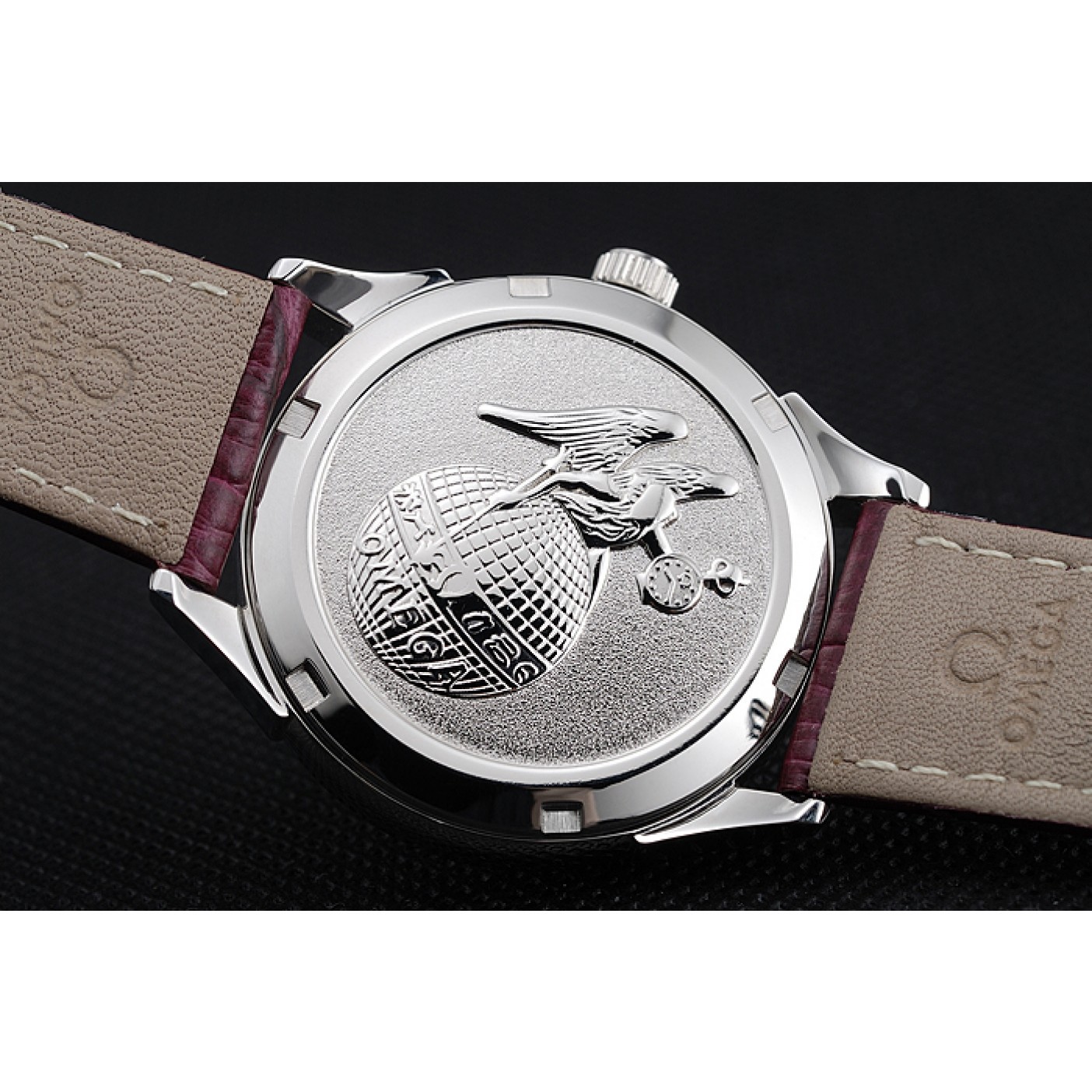 MiroTime Omega DeVille Prestige Dark Red Dial Silver Diamond Case Dark Red Leather Bracelet 1454121