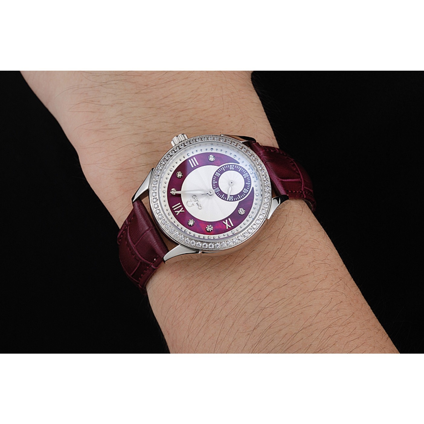 MiroTime Omega DeVille Prestige Dark Red Dial Silver Diamond Case Dark Red Leather Bracelet 1454121
