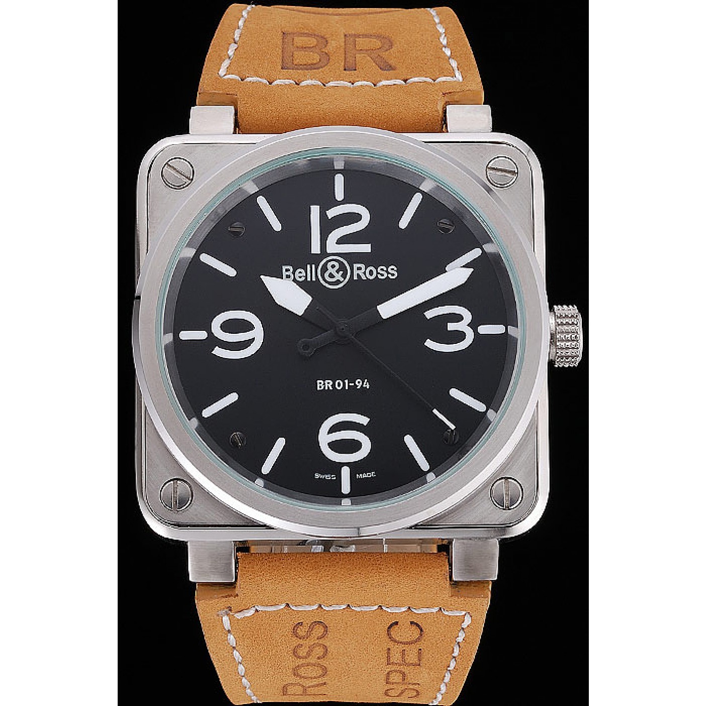 MiroTime Bell and Ross BR 01-94 Black Dial Silver Case Brown Leather Strap