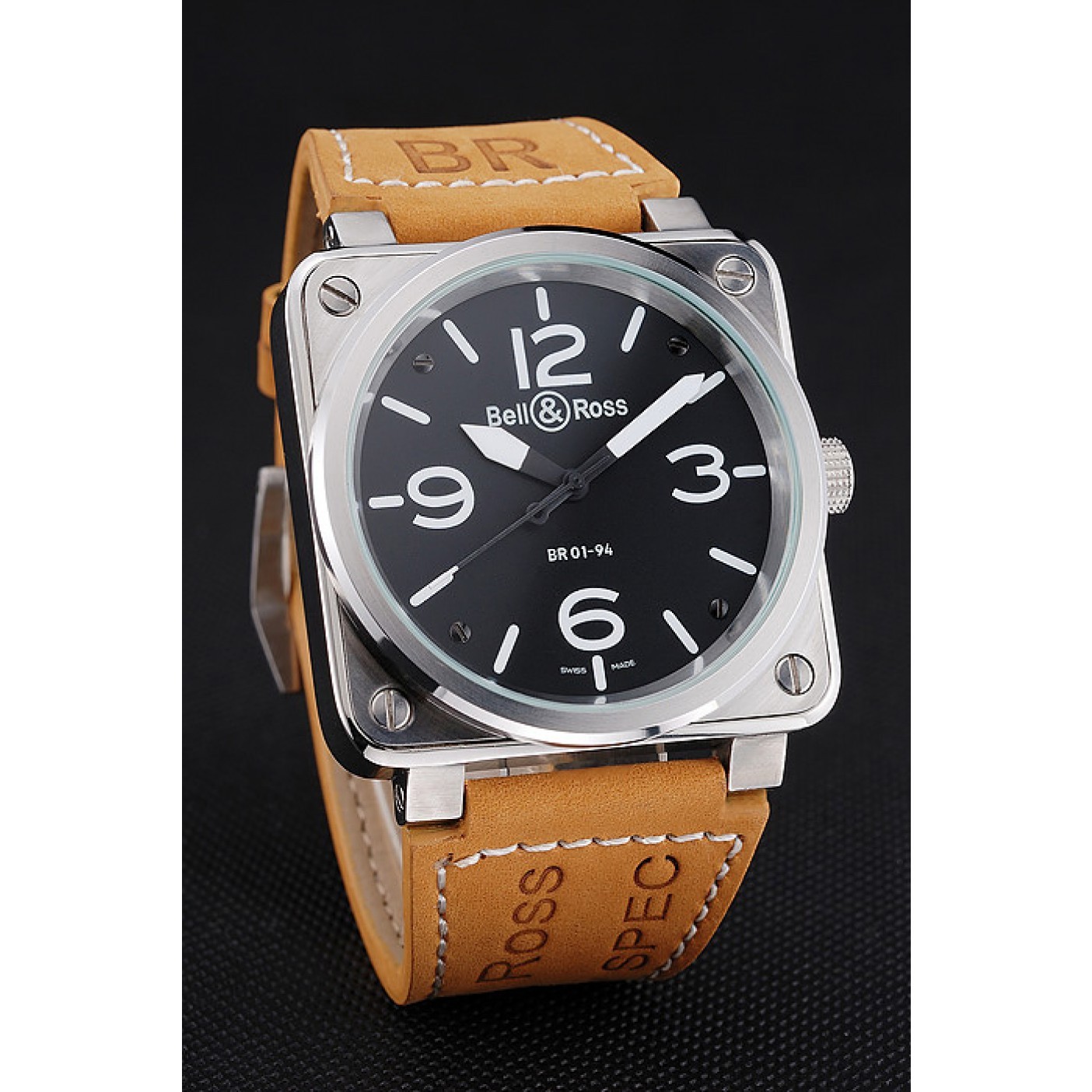 MiroTime Bell and Ross BR 01-94 Black Dial Silver Case Brown Leather Strap