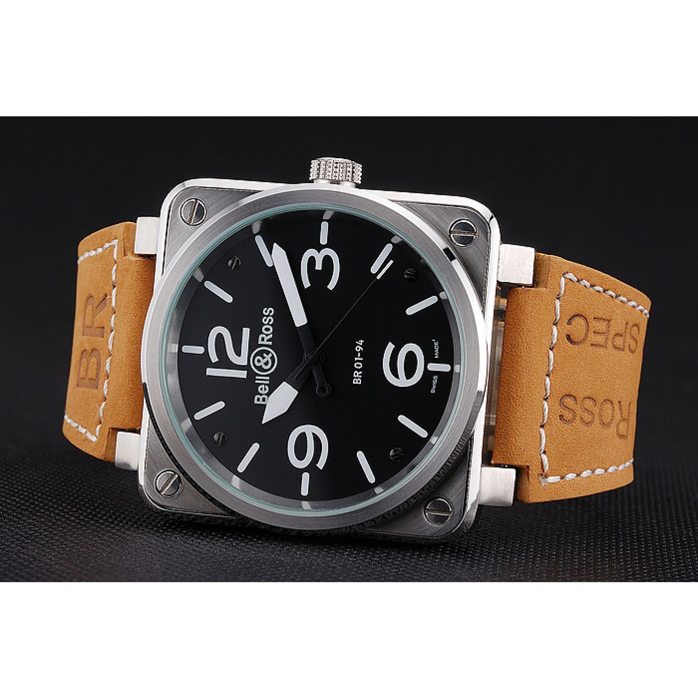 MiroTime Bell and Ross BR 01-94 Black Dial Silver Case Brown Leather Strap