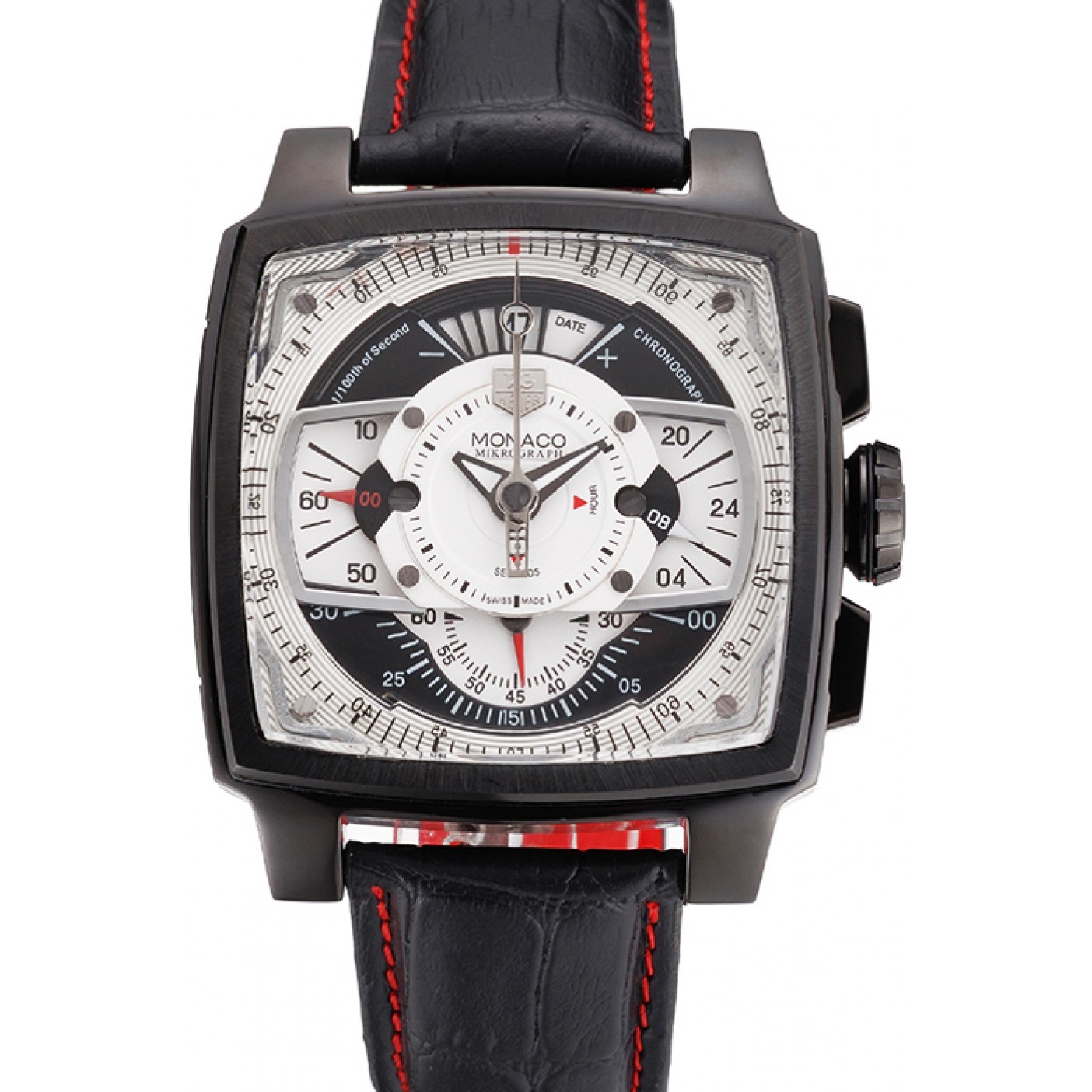 MiroTime Tag Heuer Monaco Black-Red Perforated Leather Strap White Dial 80307