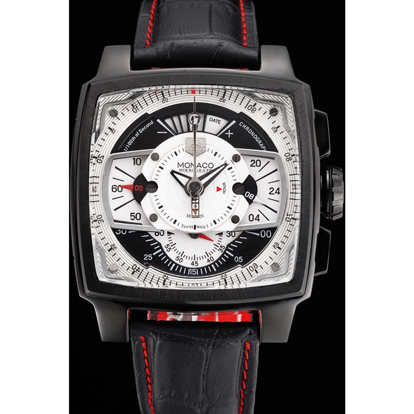 MiroTime Tag Heuer Monaco Black-Red Perforated Leather Strap White Dial 80307
