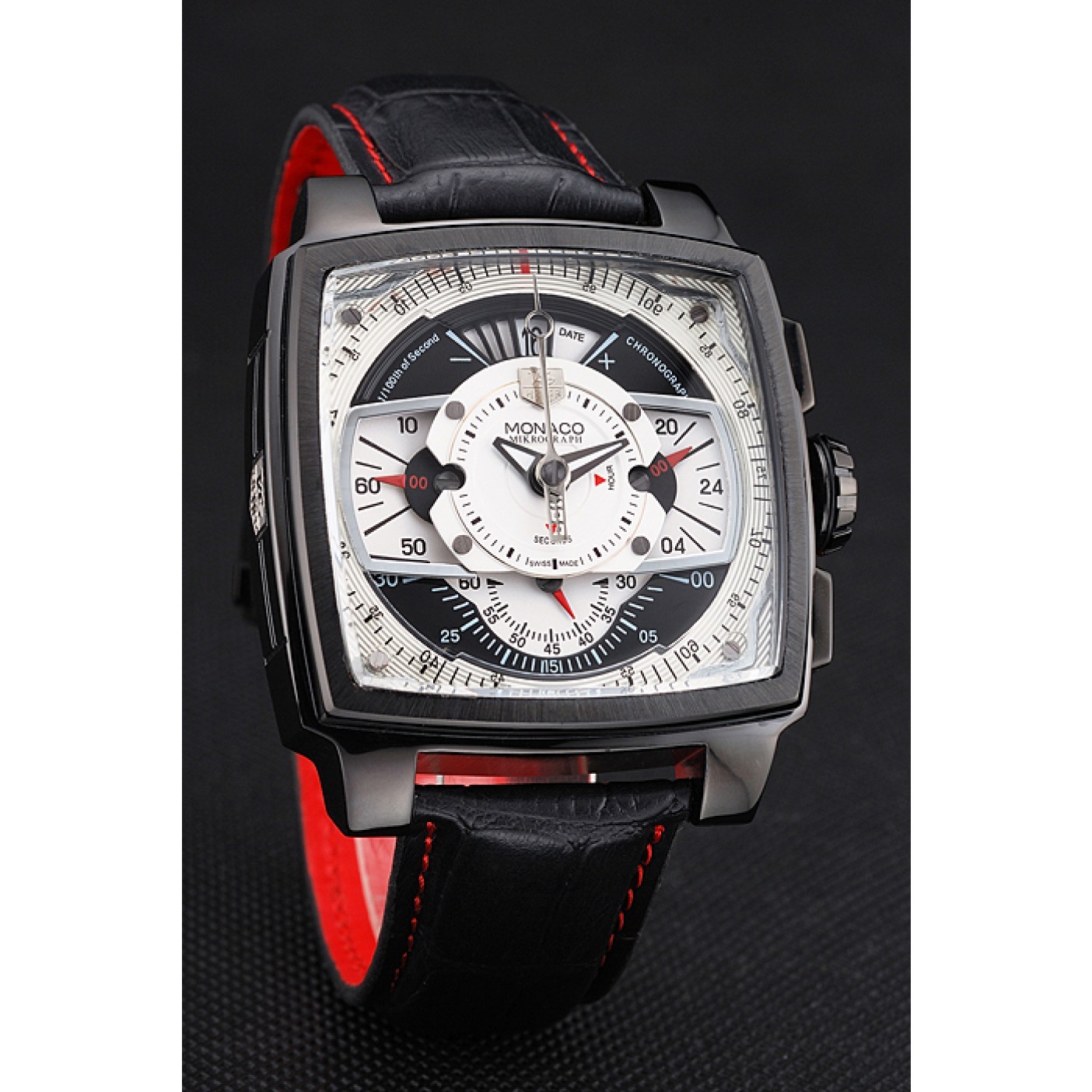 MiroTime Tag Heuer Monaco Black-Red Perforated Leather Strap White Dial 80307