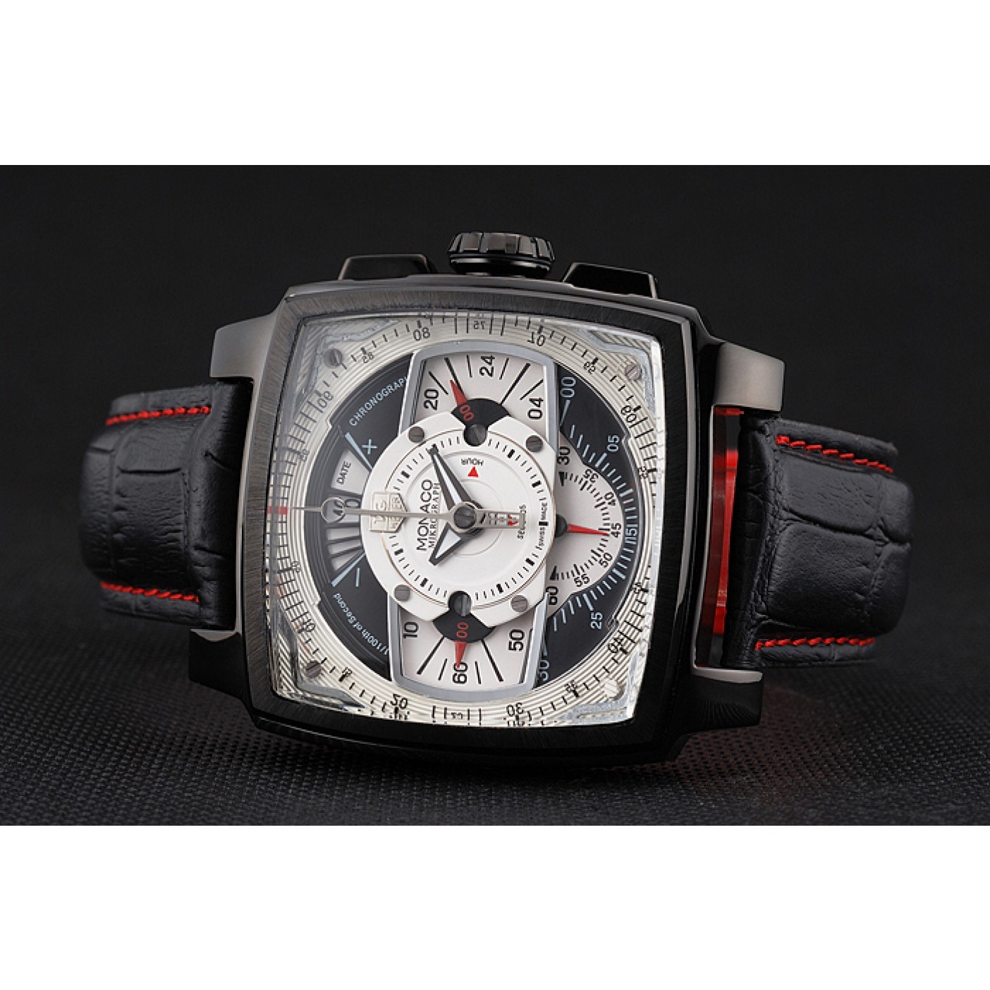 MiroTime Tag Heuer Monaco Black-Red Perforated Leather Strap White Dial 80307