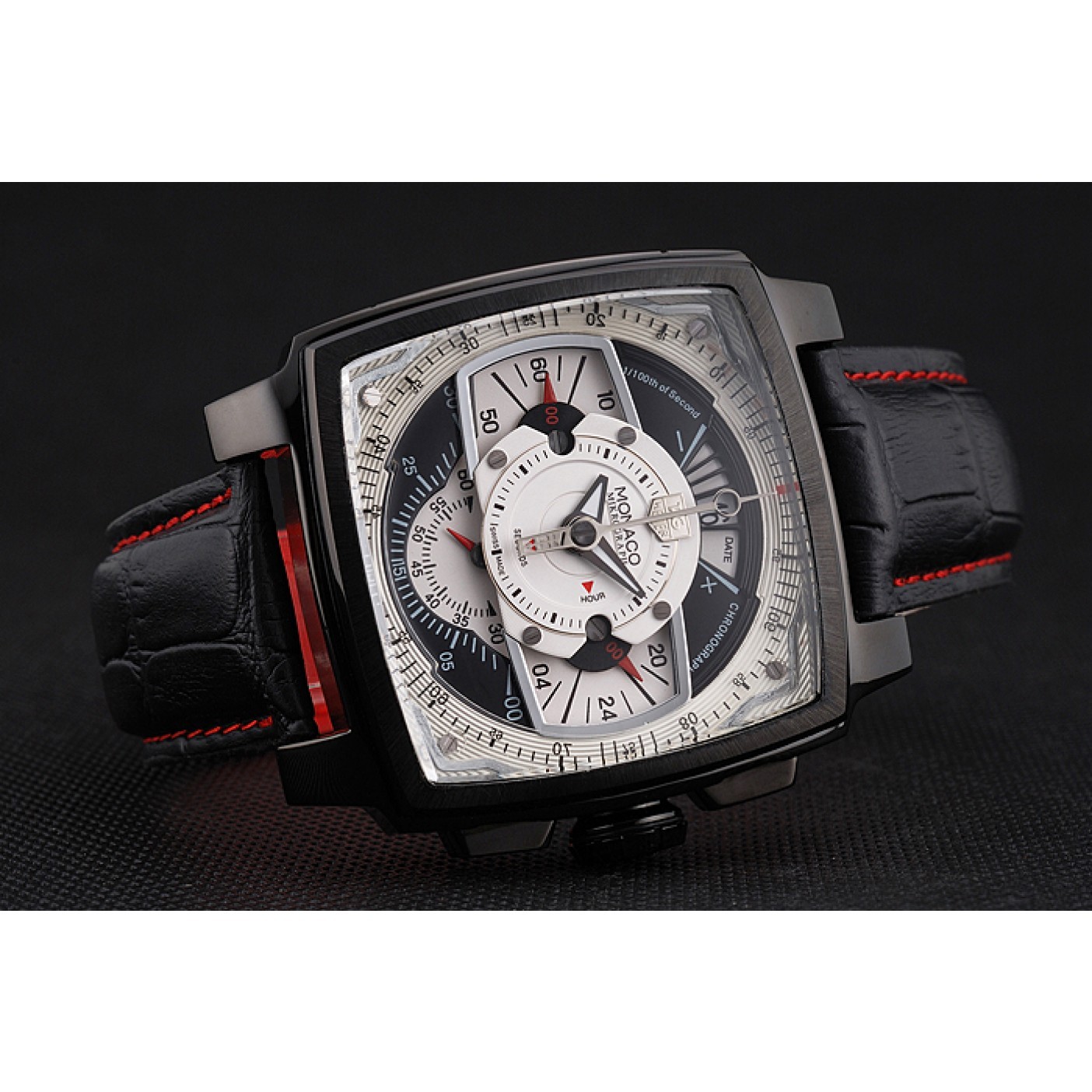 MiroTime Tag Heuer Monaco Black-Red Perforated Leather Strap White Dial 80307