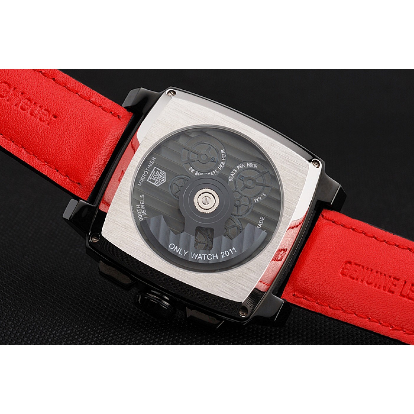 MiroTime Tag Heuer Monaco Black-Red Perforated Leather Strap White Dial 80307