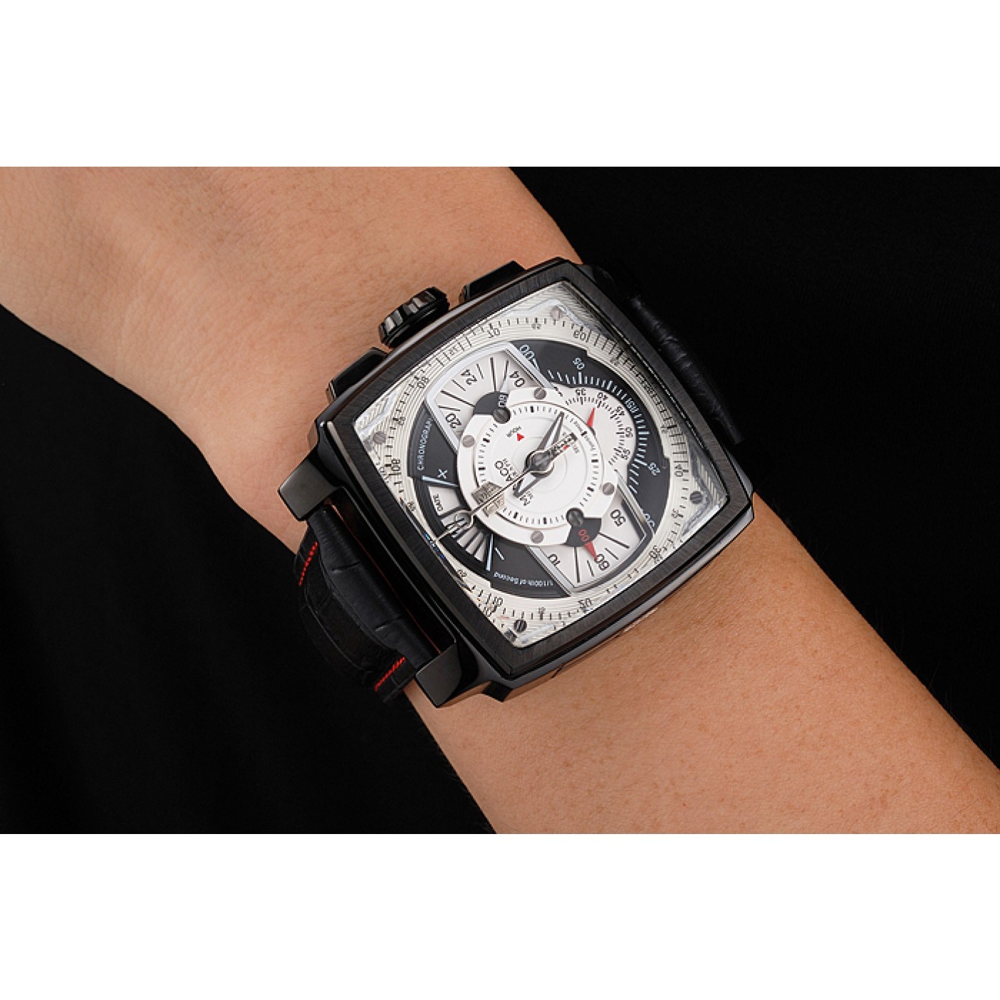 MiroTime Tag Heuer Monaco Black-Red Perforated Leather Strap White Dial 80307