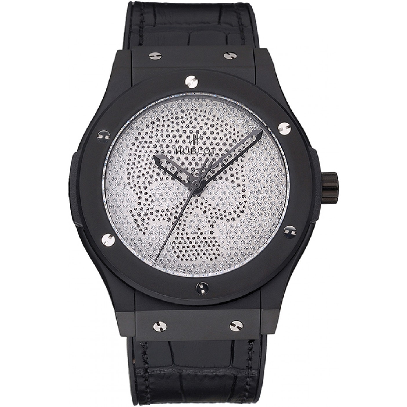 MiroTime Hublot Classic Fusion Diamond Skull Dial Black Steel Case Black Leather Strap 622815