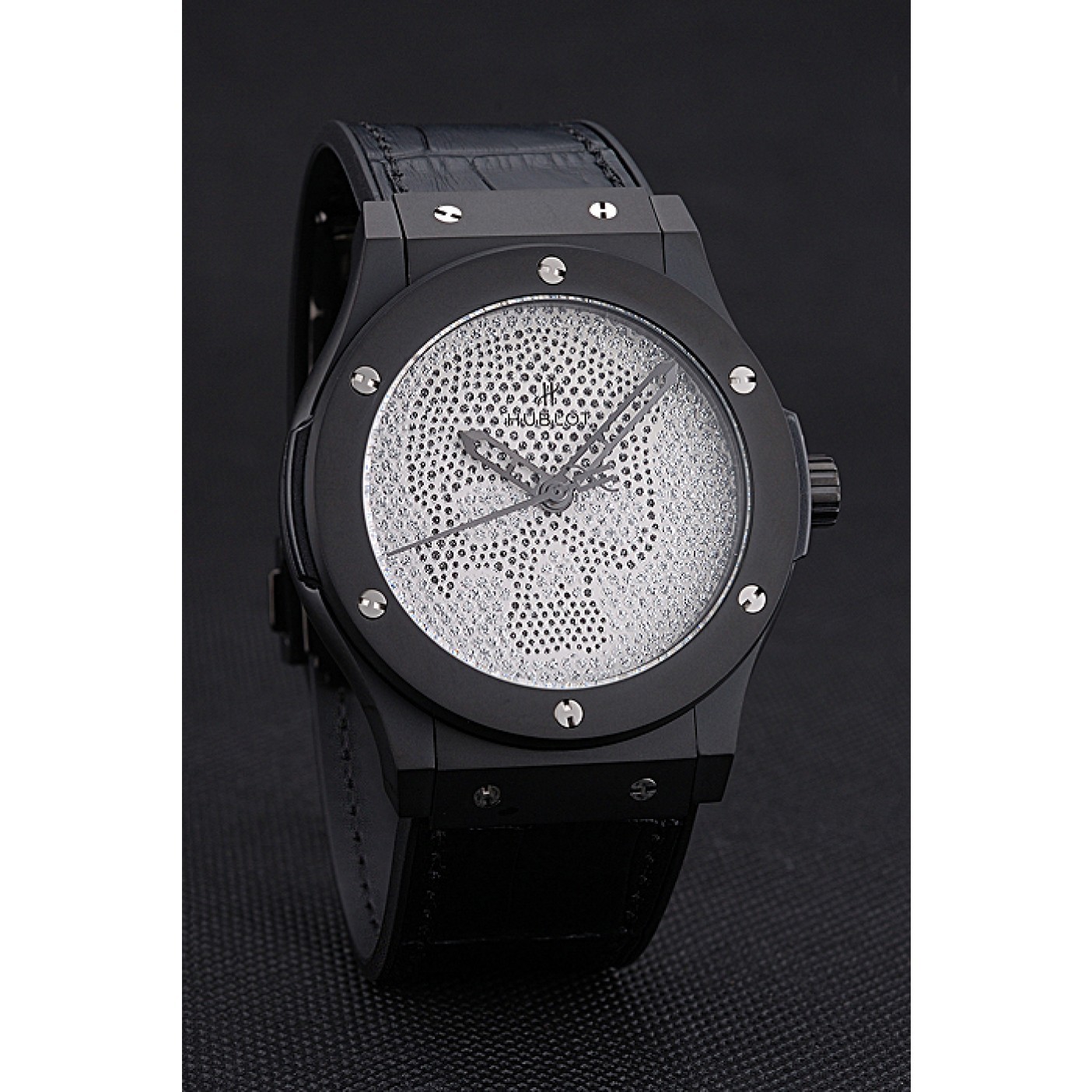 MiroTime Hublot Classic Fusion Diamond Skull Dial Black Steel Case Black Leather Strap 622815