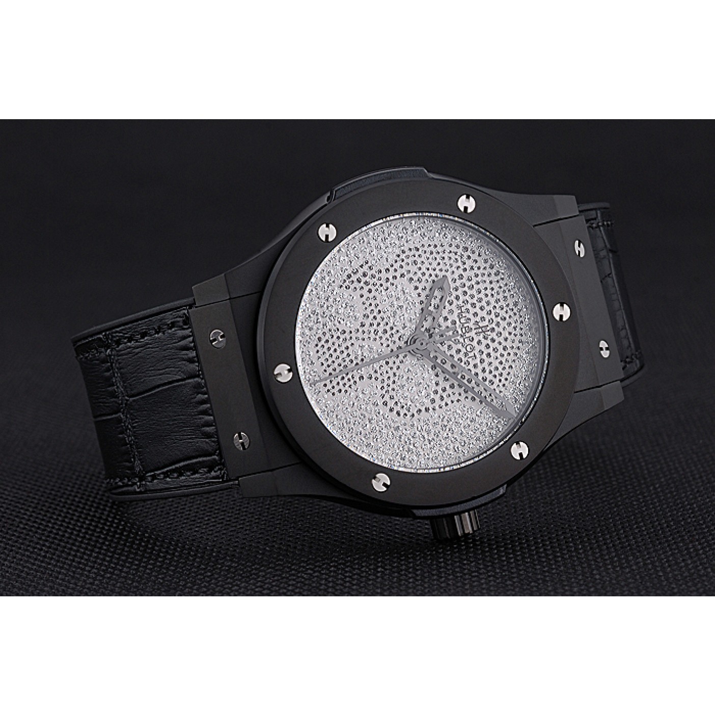 MiroTime Hublot Classic Fusion Diamond Skull Dial Black Steel Case Black Leather Strap 622815
