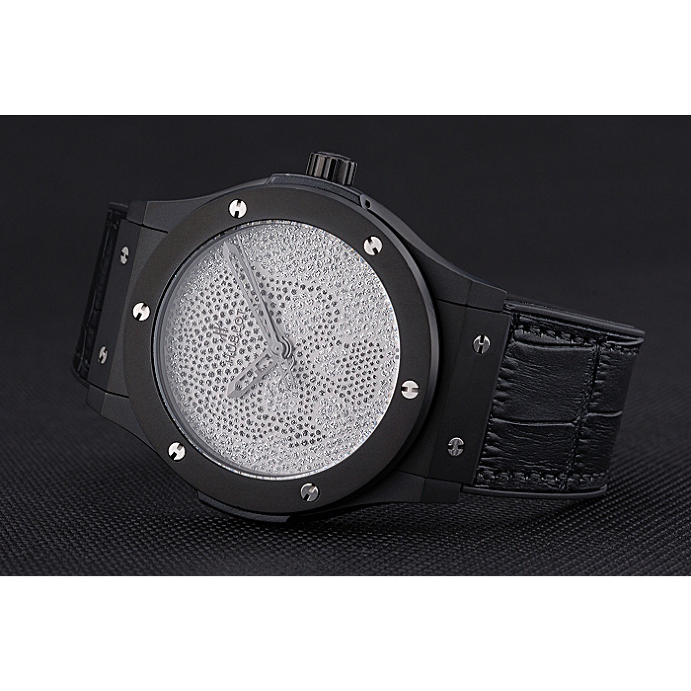 MiroTime Hublot Classic Fusion Diamond Skull Dial Black Steel Case Black Leather Strap 622815