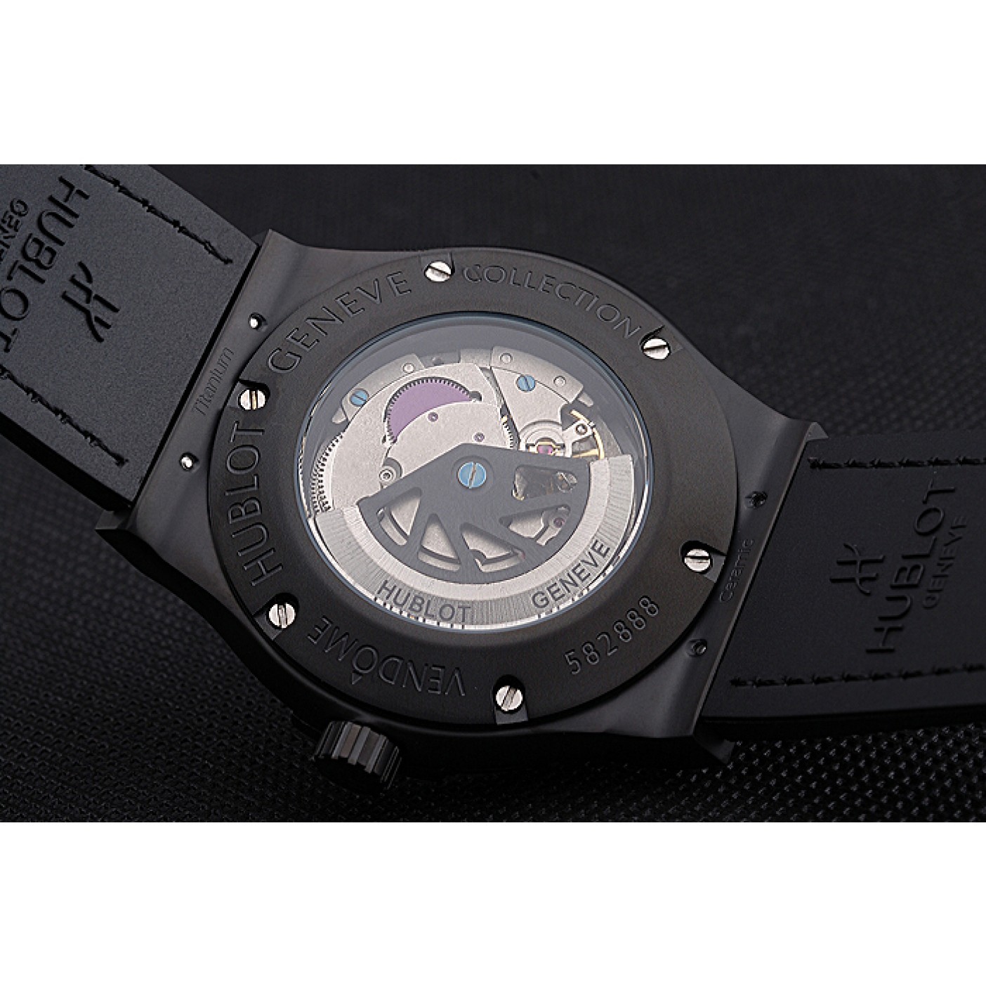 MiroTime Hublot Classic Fusion Diamond Skull Dial Black Steel Case Black Leather Strap 622815