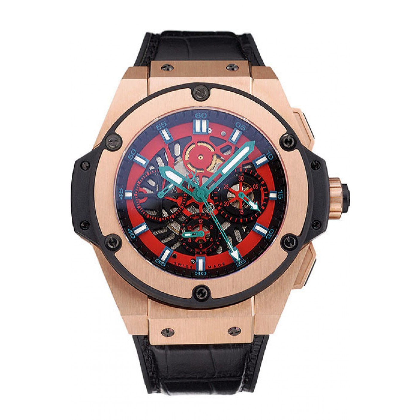 MiroTime Swiss Hublot Big Bang Limited Edition Black And Red Dial Gold Case Black Leather Strap 62289