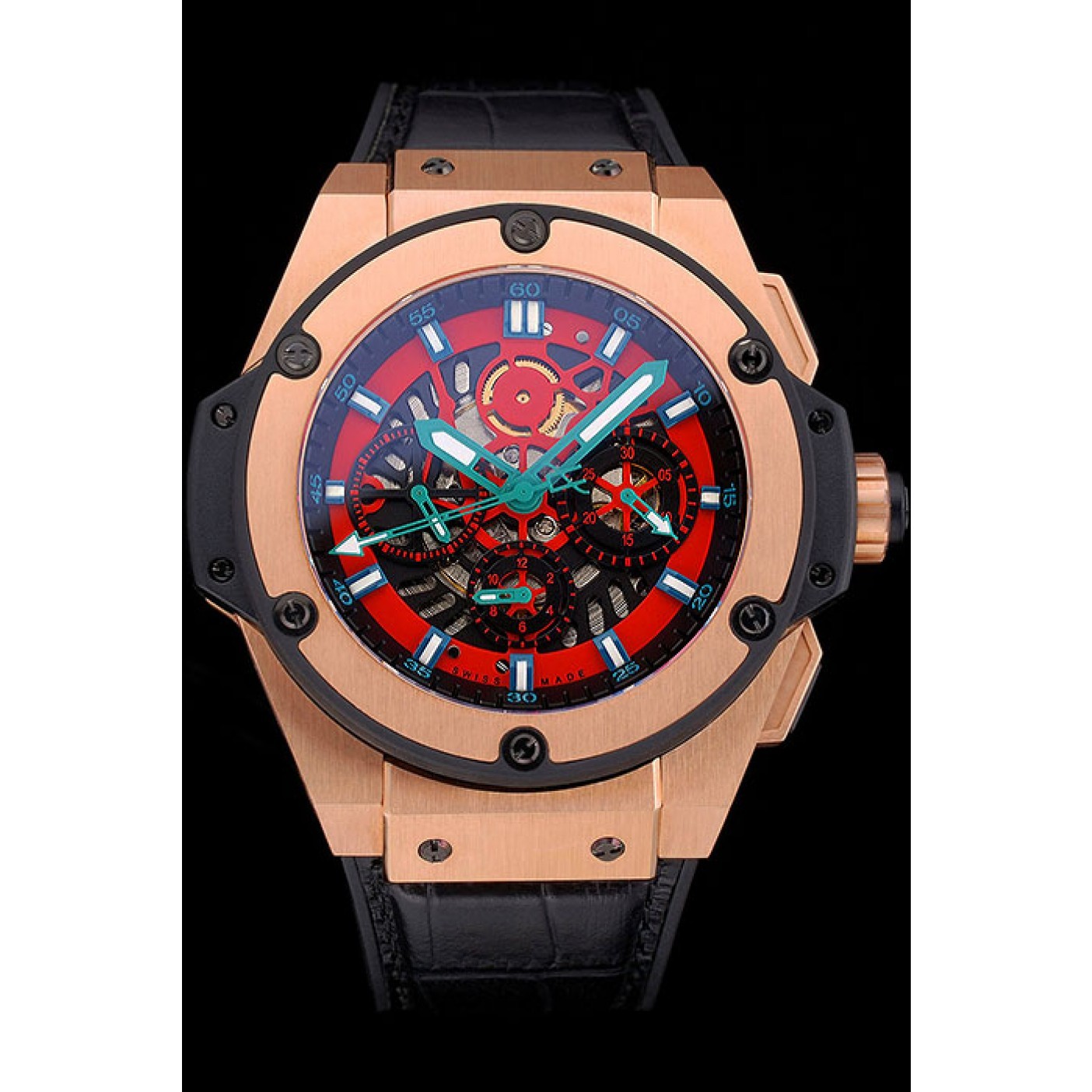 MiroTime Swiss Hublot Big Bang Limited Edition Black And Red Dial Gold Case Black Leather Strap 62289