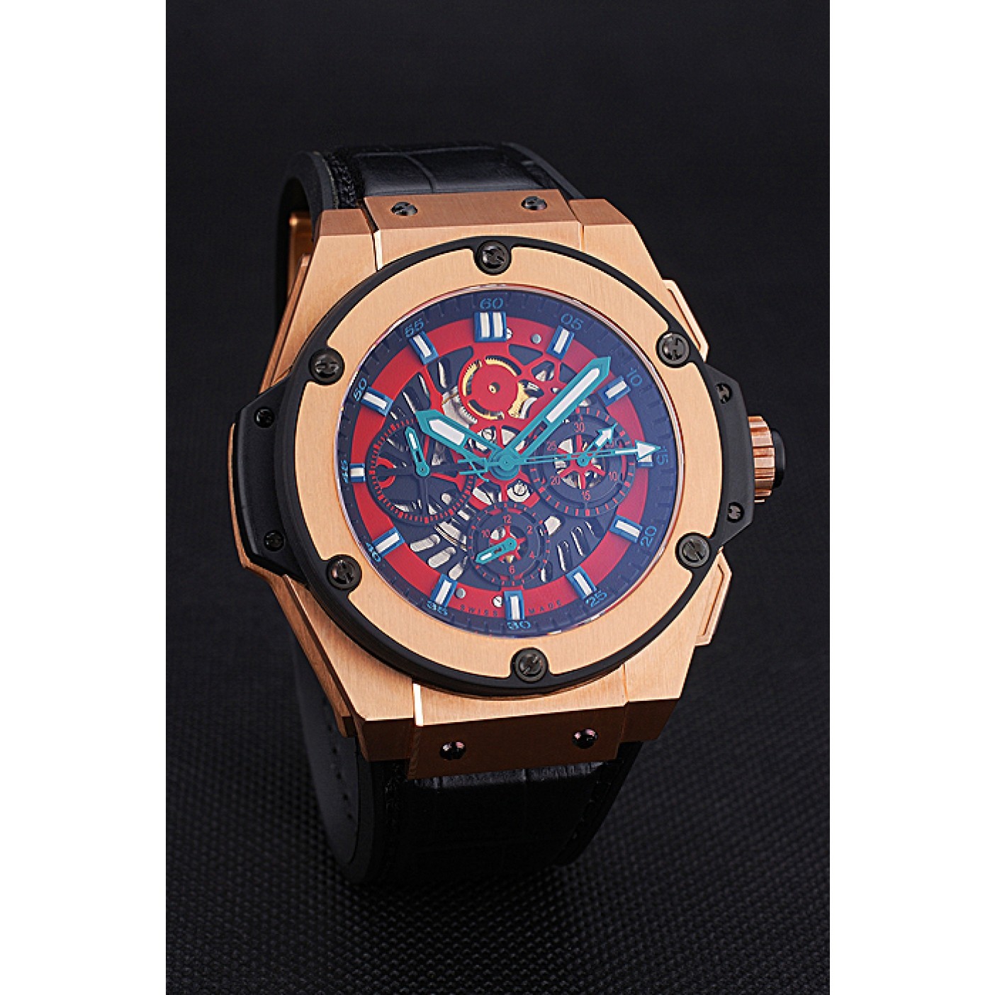MiroTime Swiss Hublot Big Bang Limited Edition Black And Red Dial Gold Case Black Leather Strap 62289