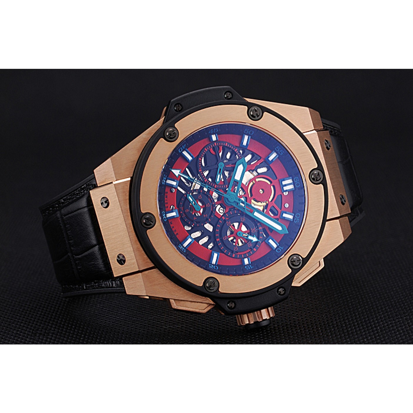 MiroTime Swiss Hublot Big Bang Limited Edition Black And Red Dial Gold Case Black Leather Strap 62289