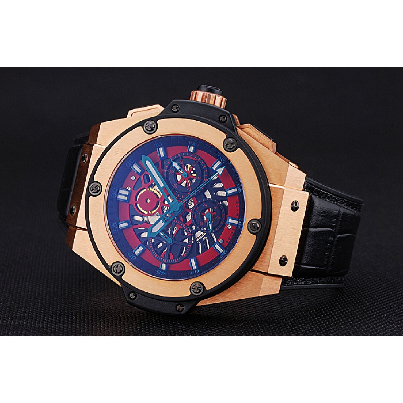 MiroTime Swiss Hublot Big Bang Limited Edition Black And Red Dial Gold Case Black Leather Strap 62289