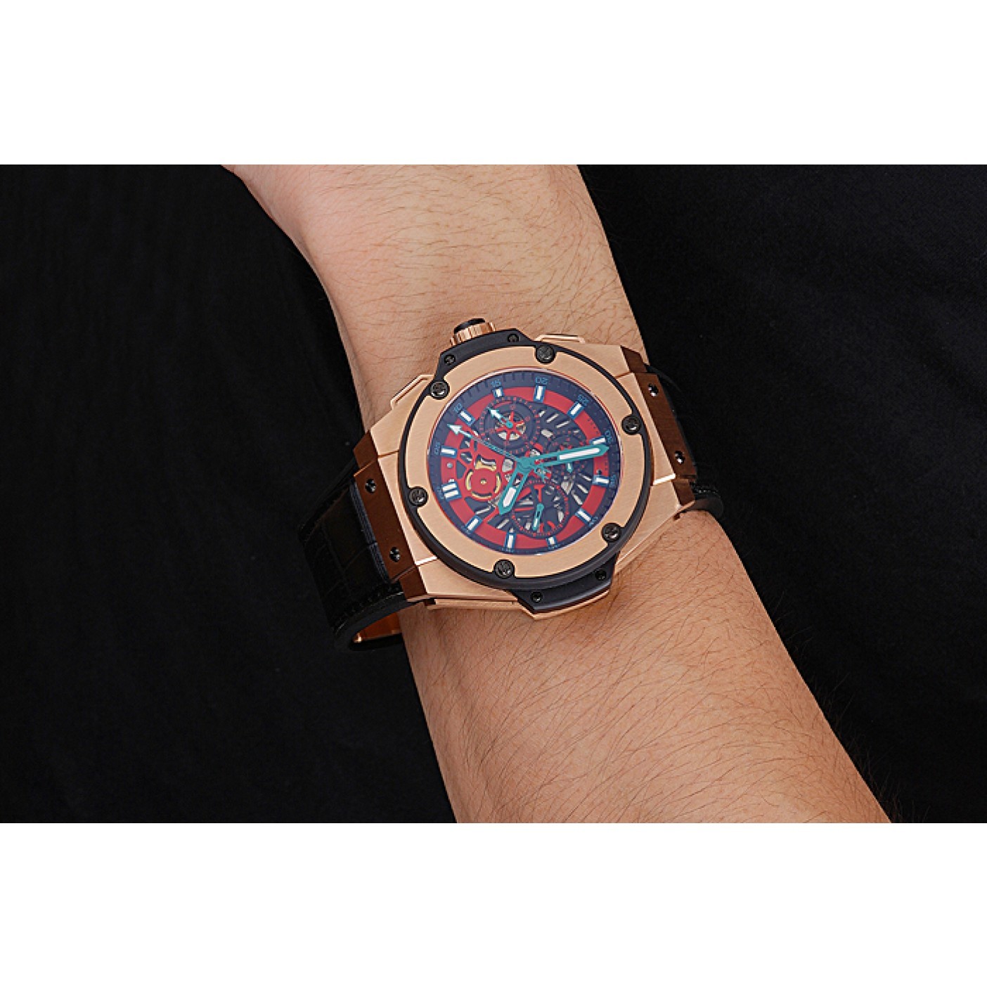 MiroTime Swiss Hublot Big Bang Limited Edition Black And Red Dial Gold Case Black Leather Strap 62289